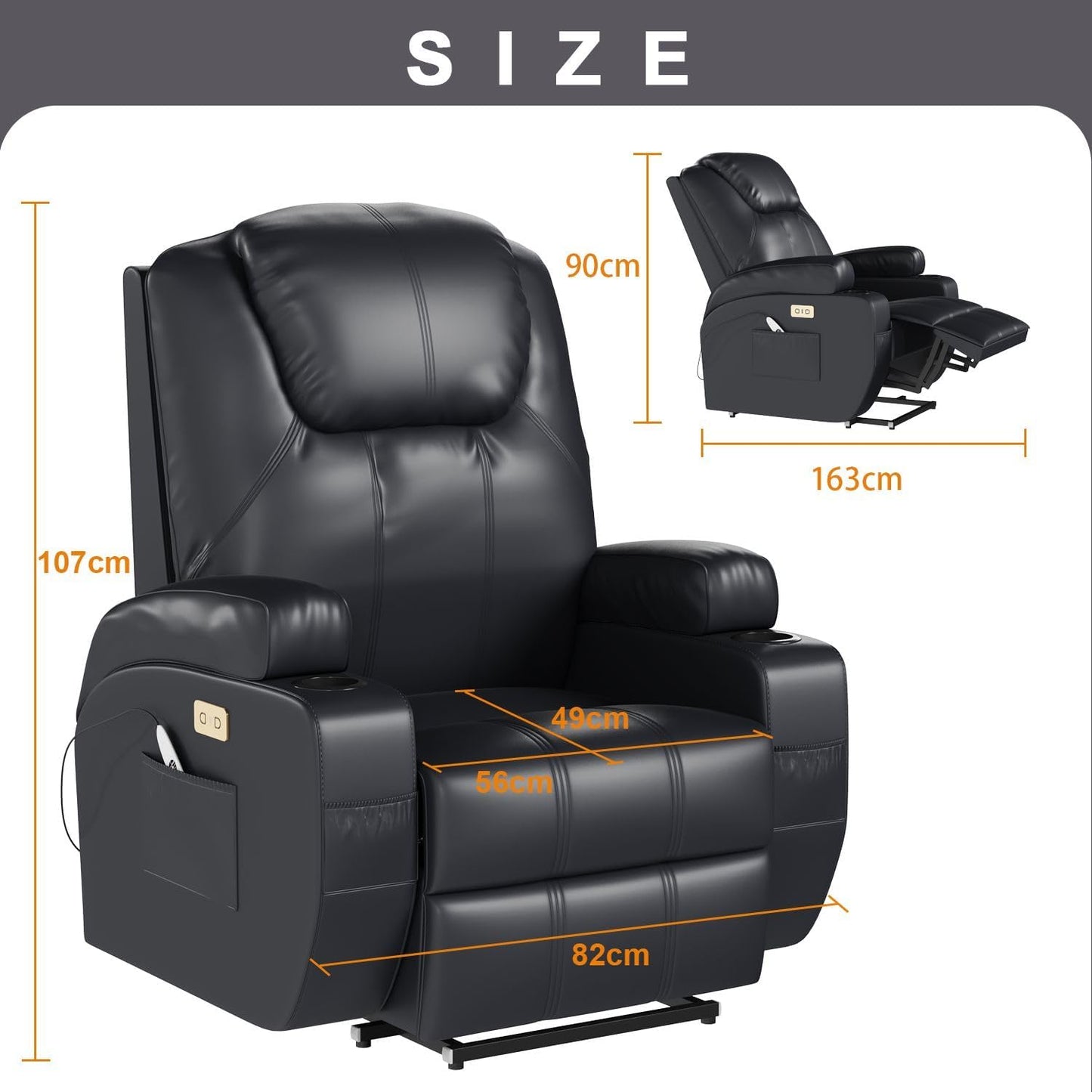 Devoko Elektrisch Relaxsessel Massagesessel Fernsehsessel Liegefunktion Vibration mit Fußteil, 2 Seitentaschen Getränkehalter, USB-Anschlüsse, TV Sessel für Wohnzimmer (Schwarz-Kunstleder)