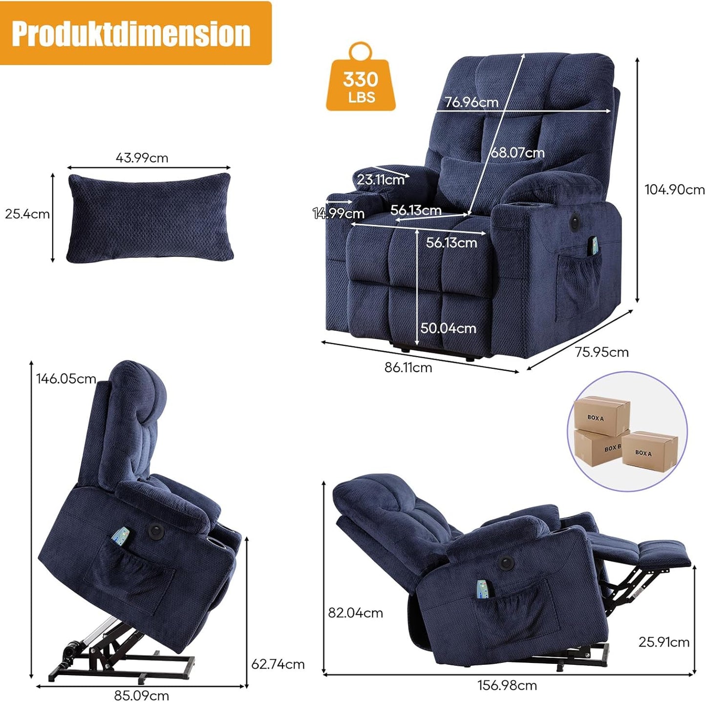 Consofa Power Lift Liegestuhl für ältere Menschen, Lift Chair mit Wärme und Massage, Power Lift Liegestuhl für Wohnzimmer mit unendlicher Position, USB-A&C, Getränkehalter, Seitentasche