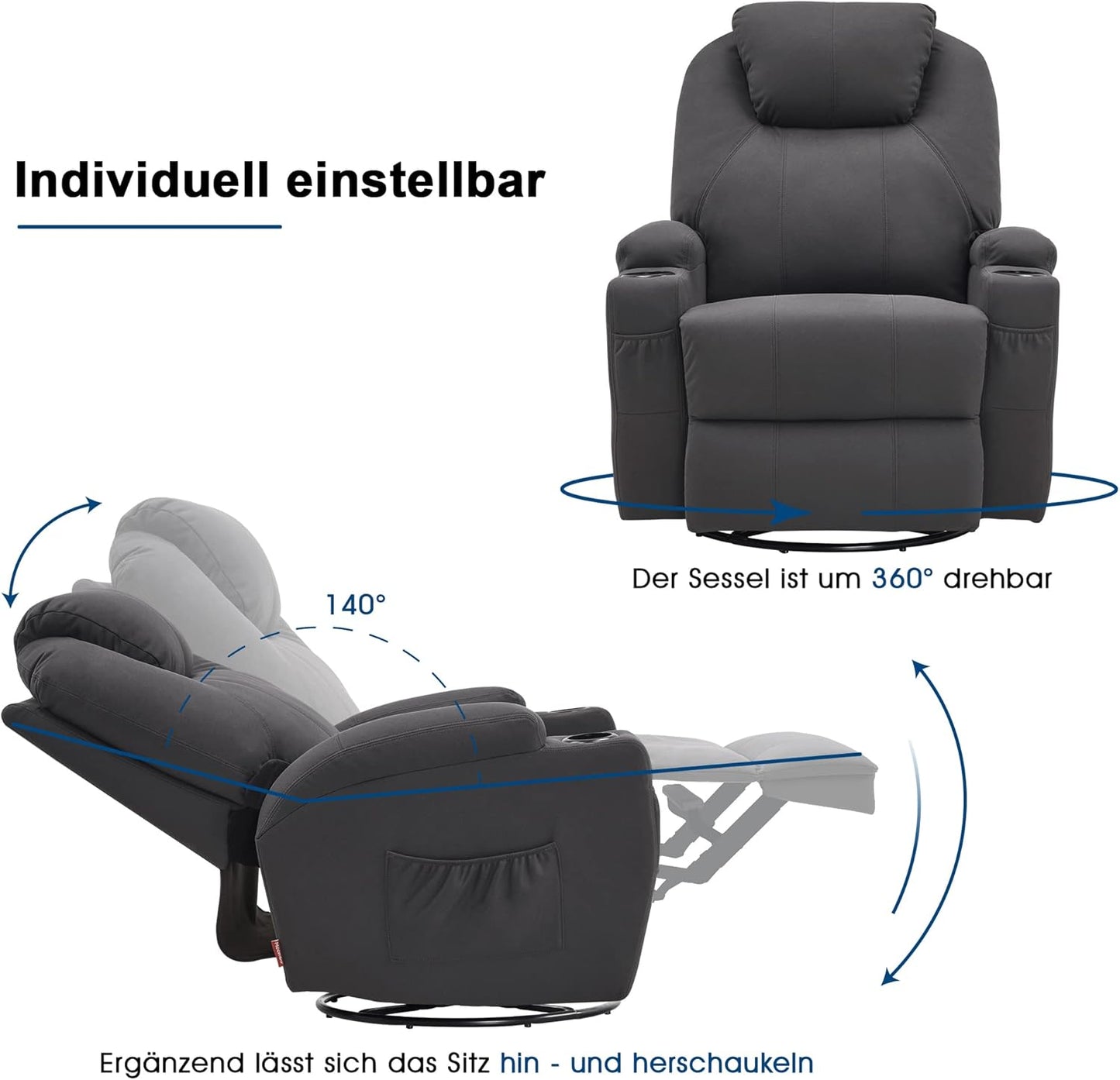 M MCombo Massagesessel Fernsehsessel Relaxsessel 7020, mit Heizung, Dreh 360° Schaukel, manuell verstellbar (Dunkelgrau- Mikrofaser)