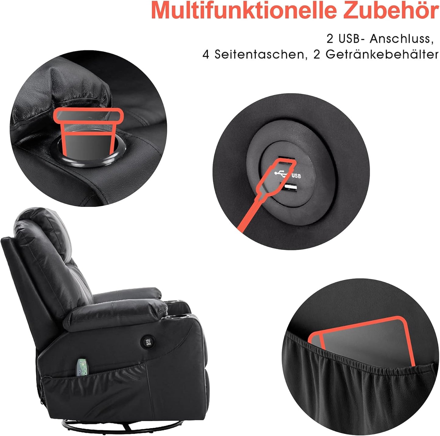 M MCombo Rindleder Fernsehsessel Relaxsessel Massage Heizung USB (manuell verstellbar) (Schwarz)