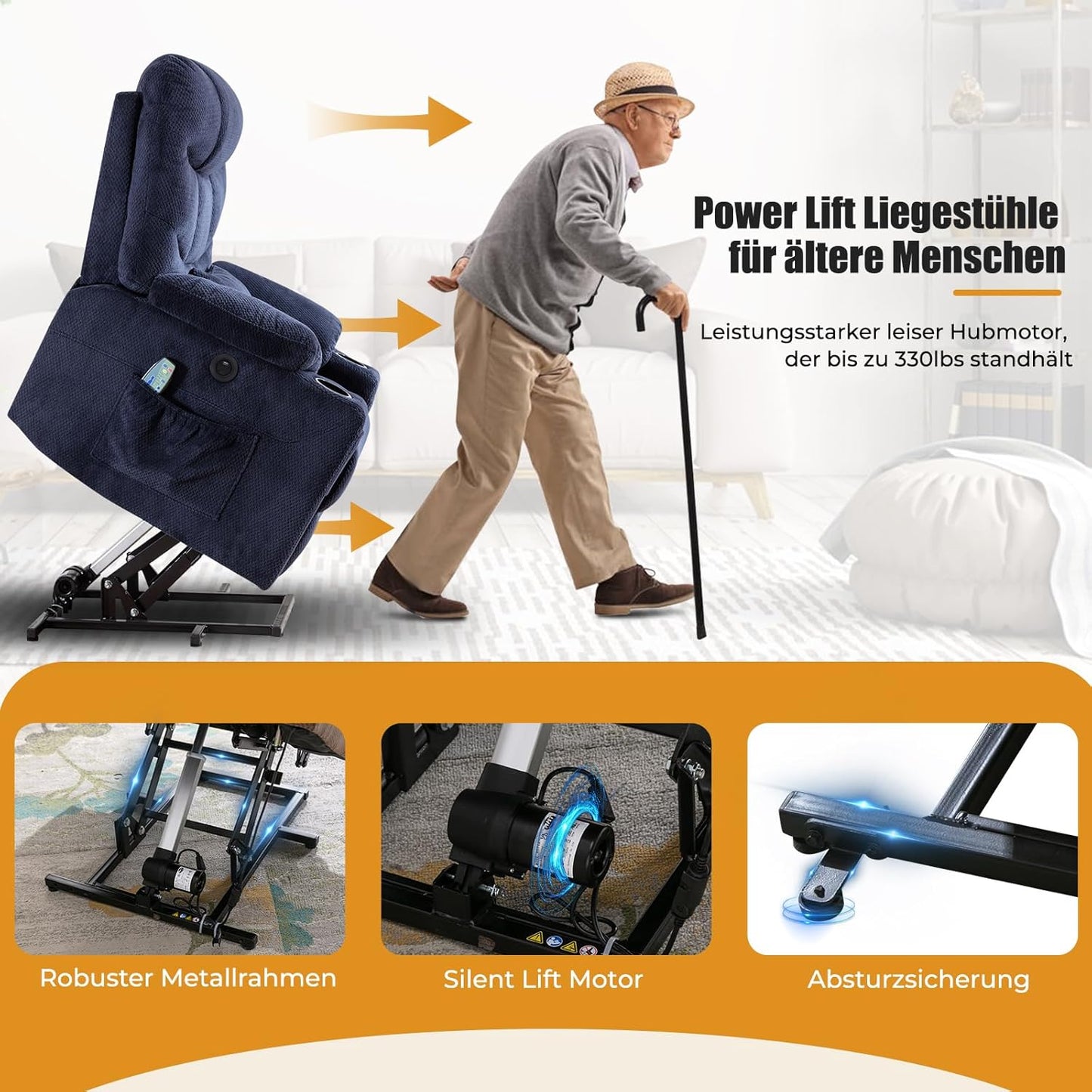 Consofa Power Lift Liegestuhl für ältere Menschen, Lift Chair mit Wärme und Massage, Power Lift Liegestuhl für Wohnzimmer mit unendlicher Position, USB-A&C, Getränkehalter, Seitentasche