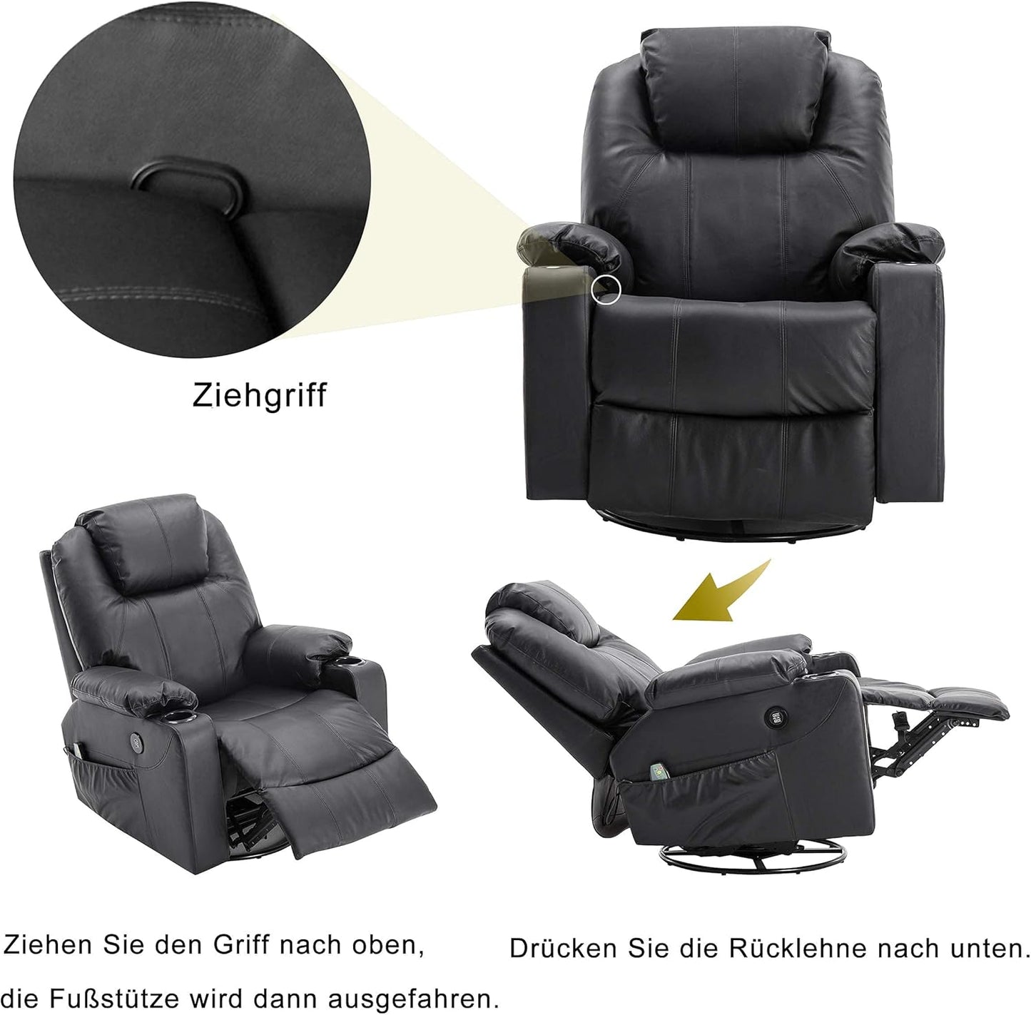 M MCombo Rindleder Fernsehsessel Relaxsessel Massage Heizung USB (manuell verstellbar) (Schwarz)