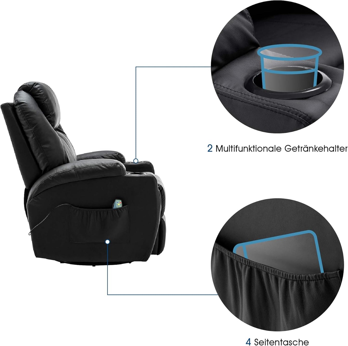 M MCombo Massagesessel Fernsehsessel Relaxsessel 7020, mit Heizung, Dreh 360° Schaukel, manuell verstellbar (Schwarz-Kunstleder)