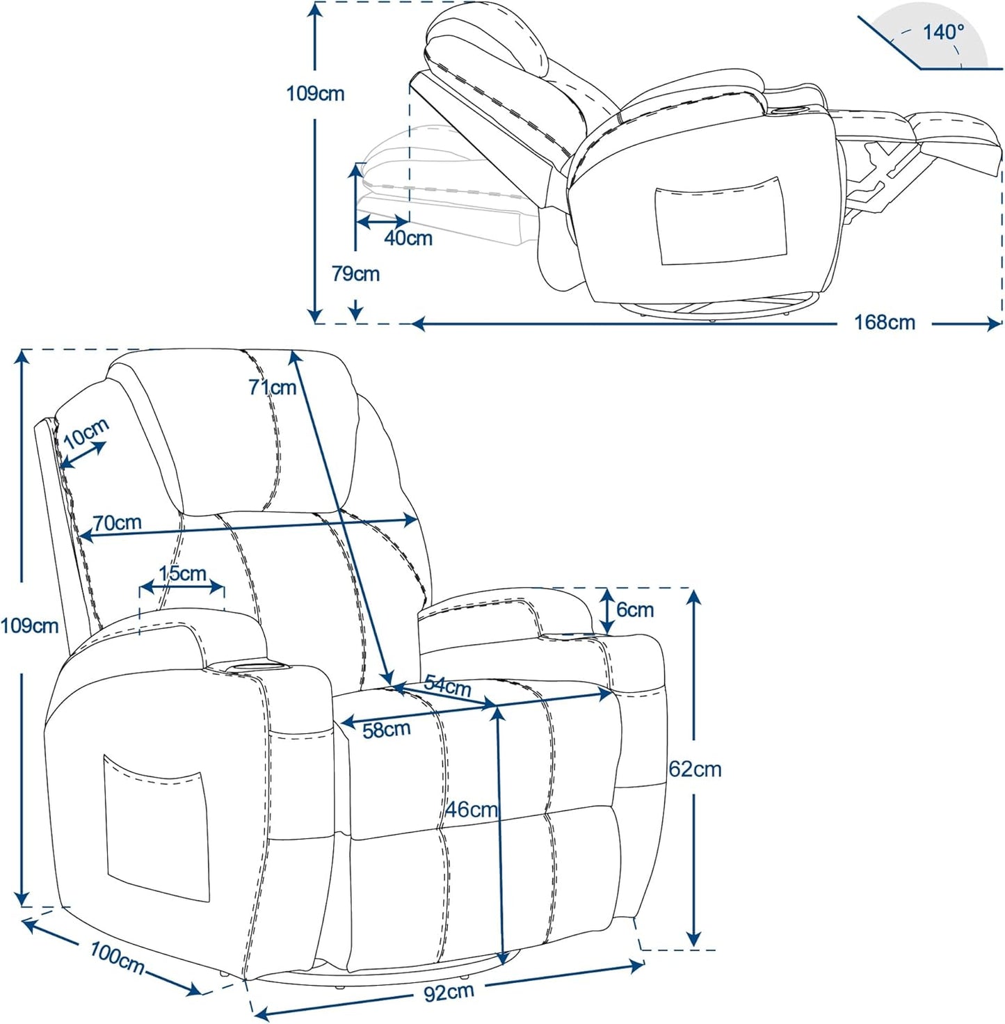 M MCombo Massagesessel Fernsehsessel Relaxsessel 7020, mit Heizung, Dreh 360° Schaukel, manuell verstellbar (Schwarz-Kunstleder)