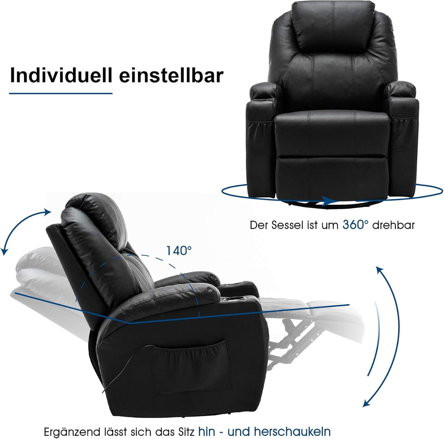M MCombo Massagesessel Fernsehsessel Relaxsessel 7020, mit Heizung, Dreh 360° Schaukel, manuell verstellbar (Schwarz-Kunstleder)