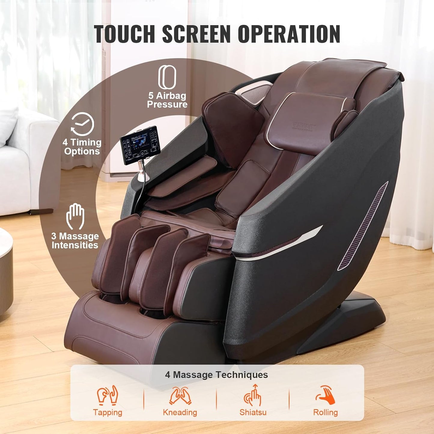 VEVOR Massagesessel mit Flexibler SL-Schiene, 3D-Ganzkörper-Shiatsu-Massagegerät, Schwerelosigkeit, 10 bis 18 Automatikmodi, Heizung, Bluetooth-Lautsprecher, Luftkissen und Touchscreen 160 kg