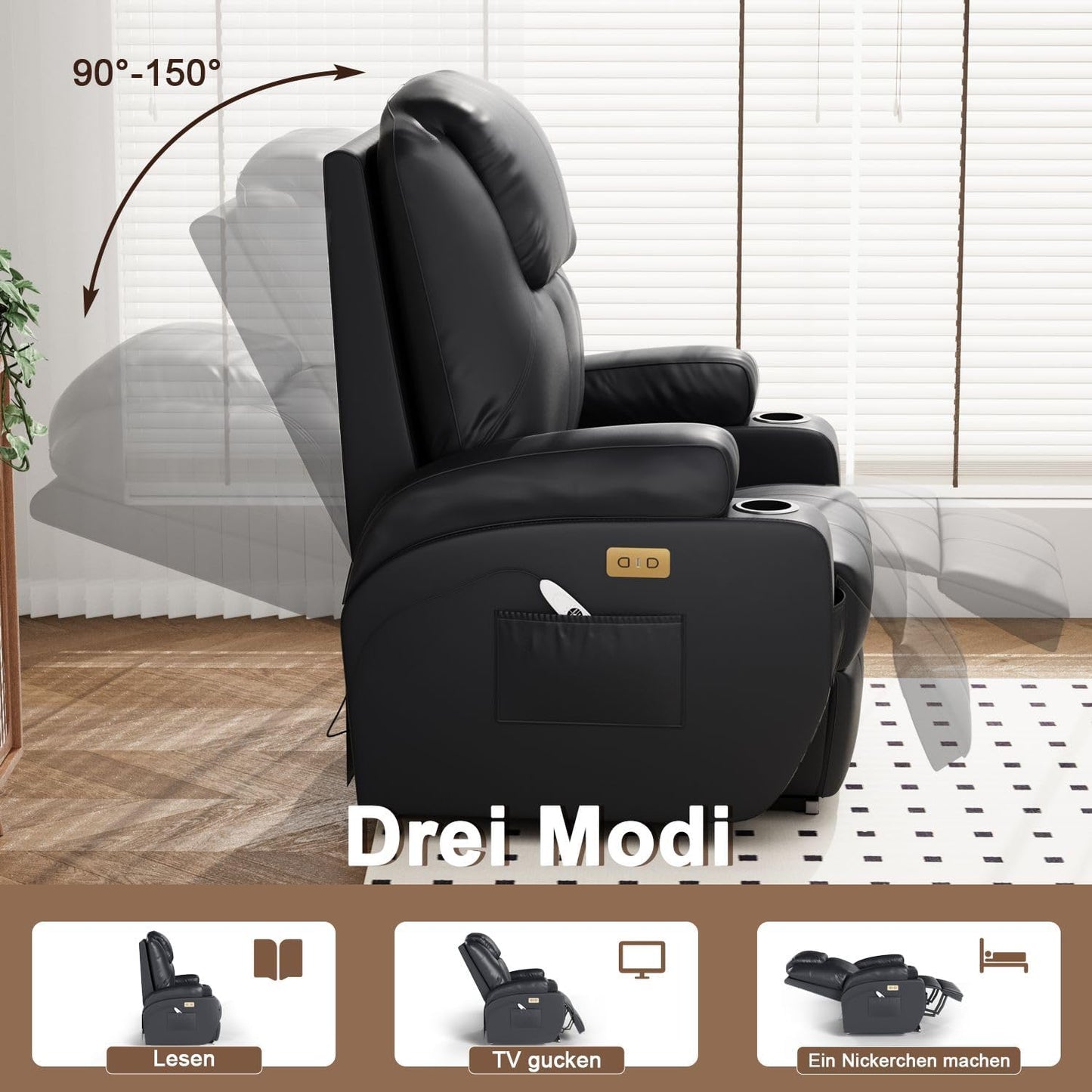 Devoko Elektrisch Relaxsessel Massagesessel Fernsehsessel Liegefunktion Vibration mit Fußteil, 2 Seitentaschen Getränkehalter, USB-Anschlüsse, TV Sessel für Wohnzimmer (Schwarz-Kunstleder)