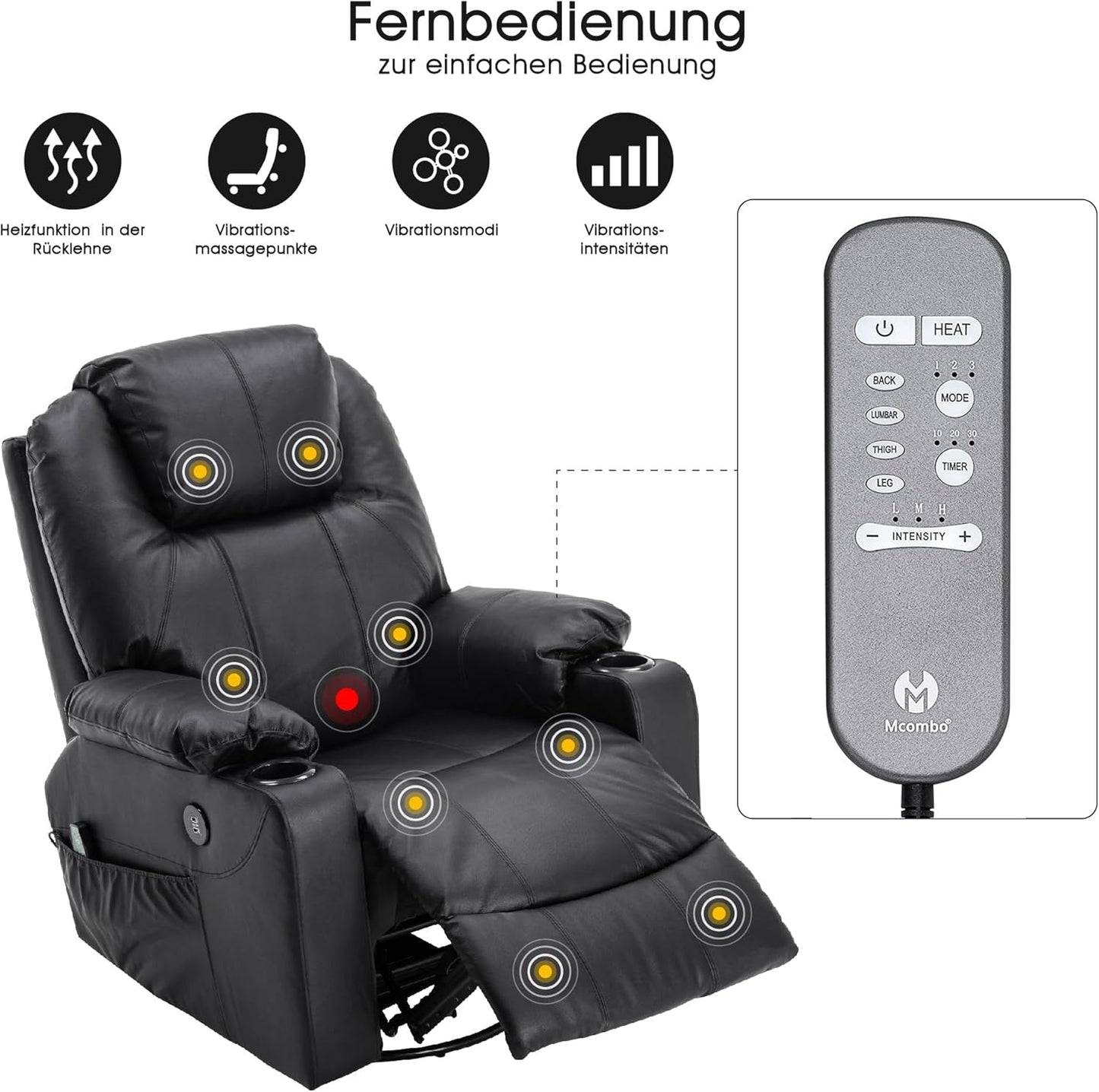 M MCombo Rindleder Fernsehsessel Relaxsessel Massage Heizung USB (manuell verstellbar) (Schwarz)