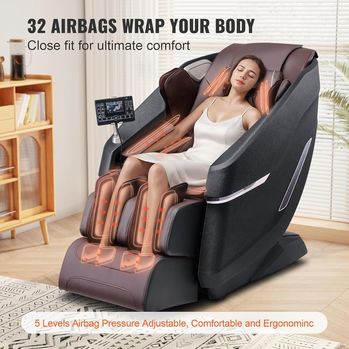 VEVOR Massagesessel mit Flexibler SL-Schiene, 3D-Ganzkörper-Shiatsu-Massagegerät, Schwerelosigkeit, 10 bis 18 Automatikmodi, Heizung, Bluetooth-Lautsprecher, Luftkissen und Touchscreen 160 kg