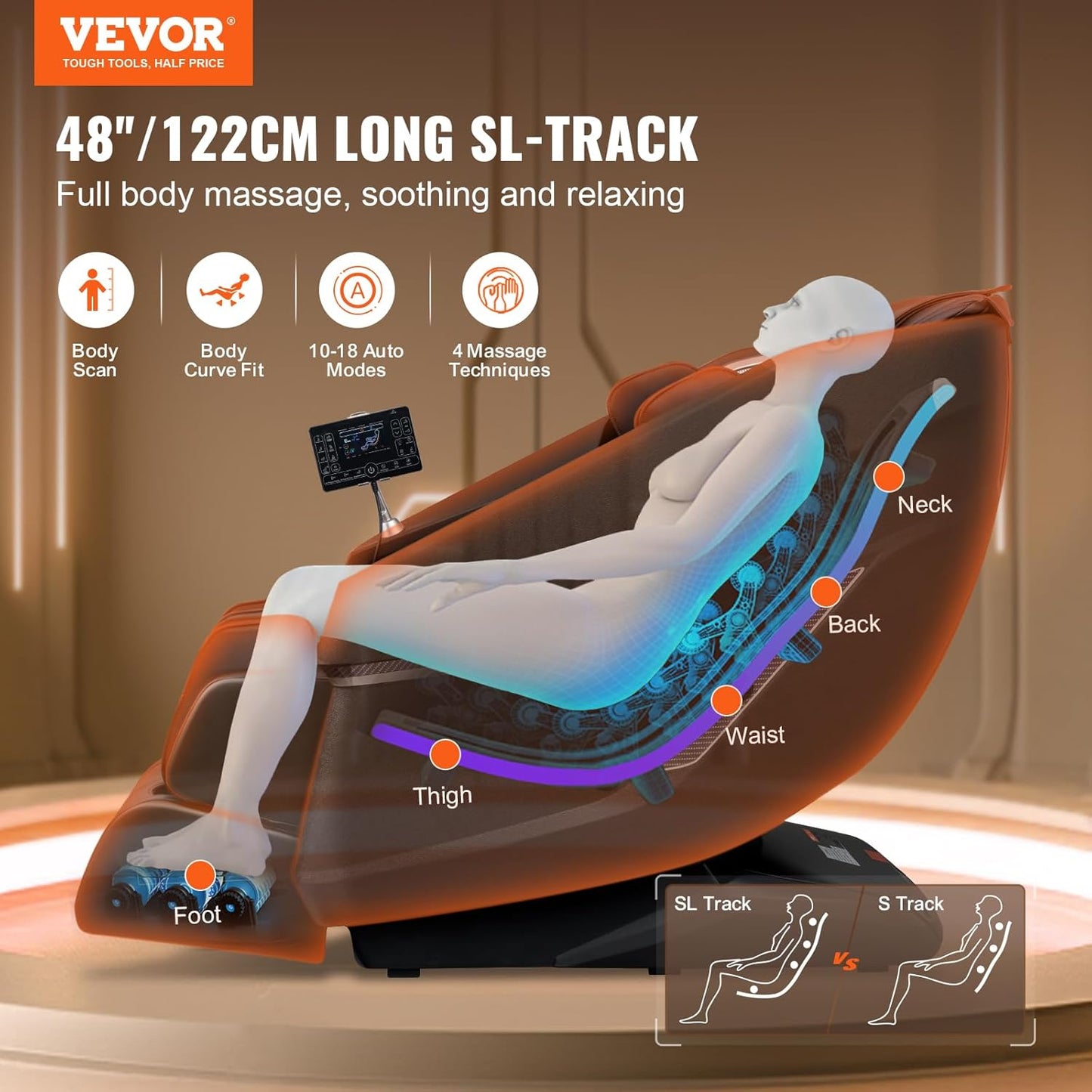 VEVOR Massagesessel mit Flexibler SL-Schiene, 3D-Ganzkörper-Shiatsu-Massagegerät, Schwerelosigkeit, 10 bis 18 Automatikmodi, Heizung, Bluetooth-Lautsprecher, Luftkissen und Touchscreen 160 kg