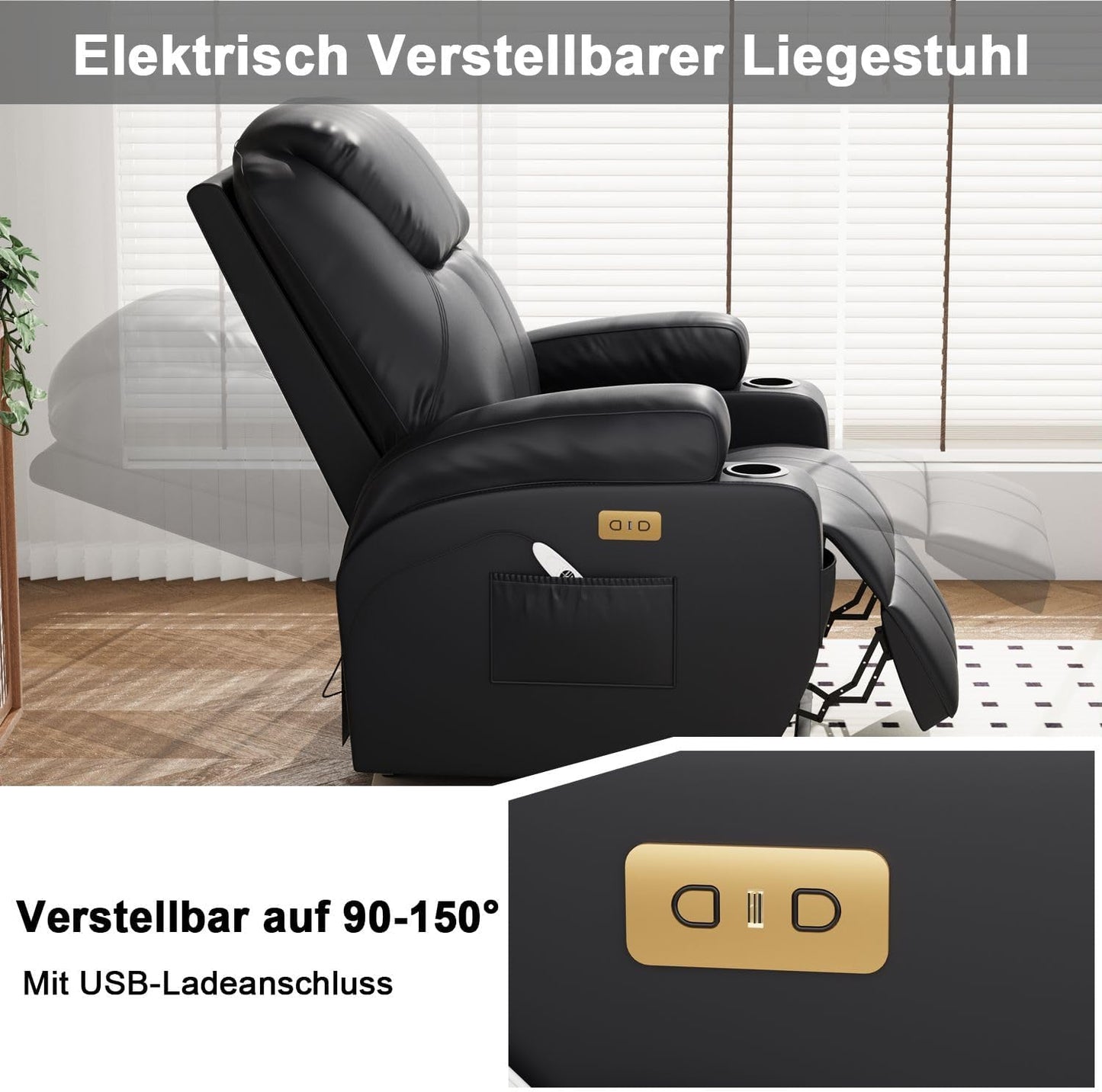 Devoko Elektrisch Relaxsessel Massagesessel Fernsehsessel Liegefunktion Vibration mit Fußteil, 2 Seitentaschen Getränkehalter, USB-Anschlüsse, TV Sessel für Wohnzimmer (Schwarz-Kunstleder)