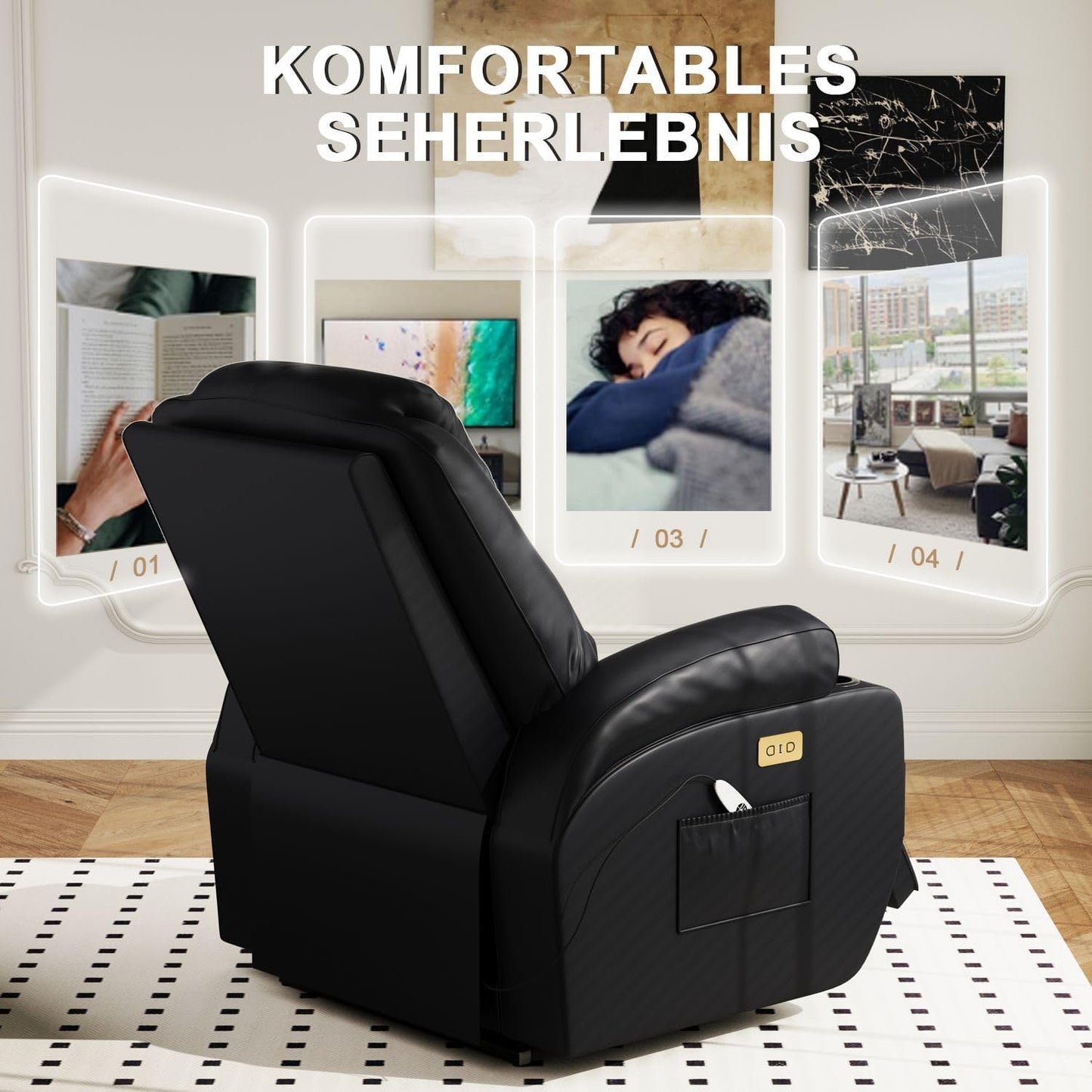 Devoko Elektrisch Relaxsessel Massagesessel Fernsehsessel Liegefunktion Vibration mit Fußteil, 2 Seitentaschen Getränkehalter, USB-Anschlüsse, TV Sessel für Wohnzimmer (Schwarz-Kunstleder)