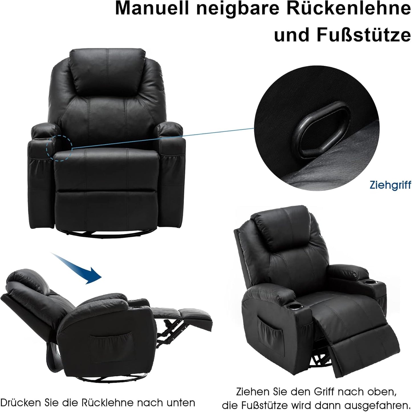 M MCombo Massagesessel Fernsehsessel Relaxsessel 7020, mit Heizung, Dreh 360° Schaukel, manuell verstellbar (Schwarz-Kunstleder)
