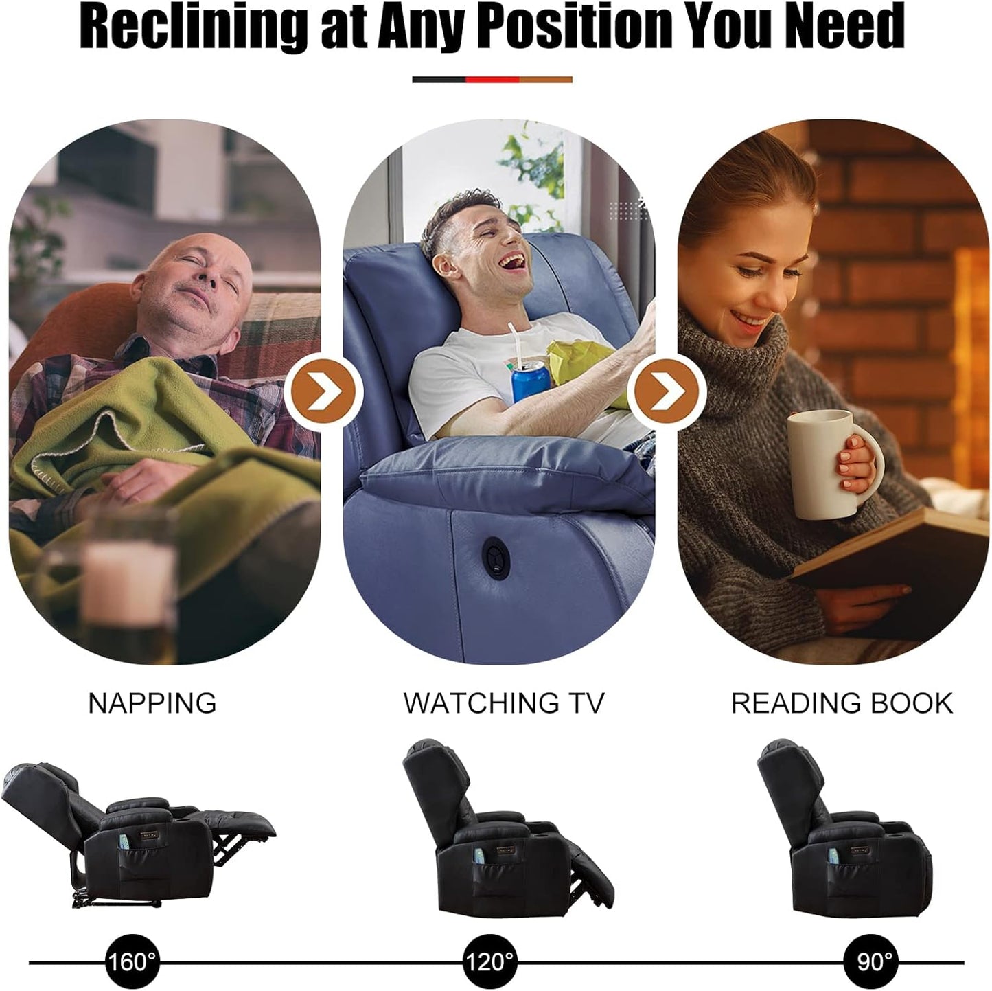 Oprisen Kunstleder Elektrisch Verstellbar Relaxsessel Kinosessel Fernsehsessel mit Liegefunktion Massage und Wärme TV Sessel Modern Liegesessel Sofa für Wohnzimmer,bis 150 kg, Schwarz