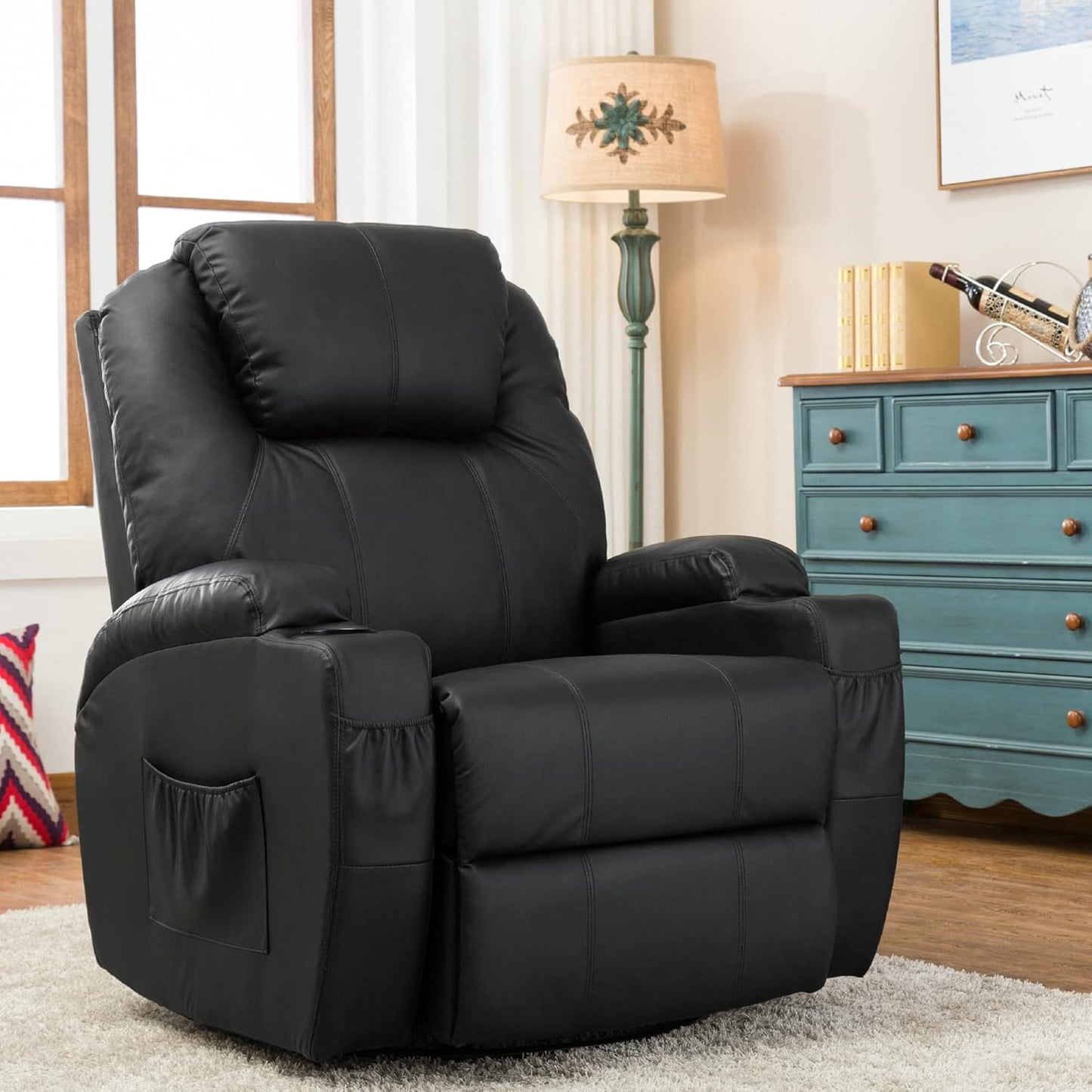 M MCombo Massagesessel Fernsehsessel Relaxsessel 7020, mit Heizung, Dreh 360° Schaukel, manuell verstellbar (Schwarz-Kunstleder)