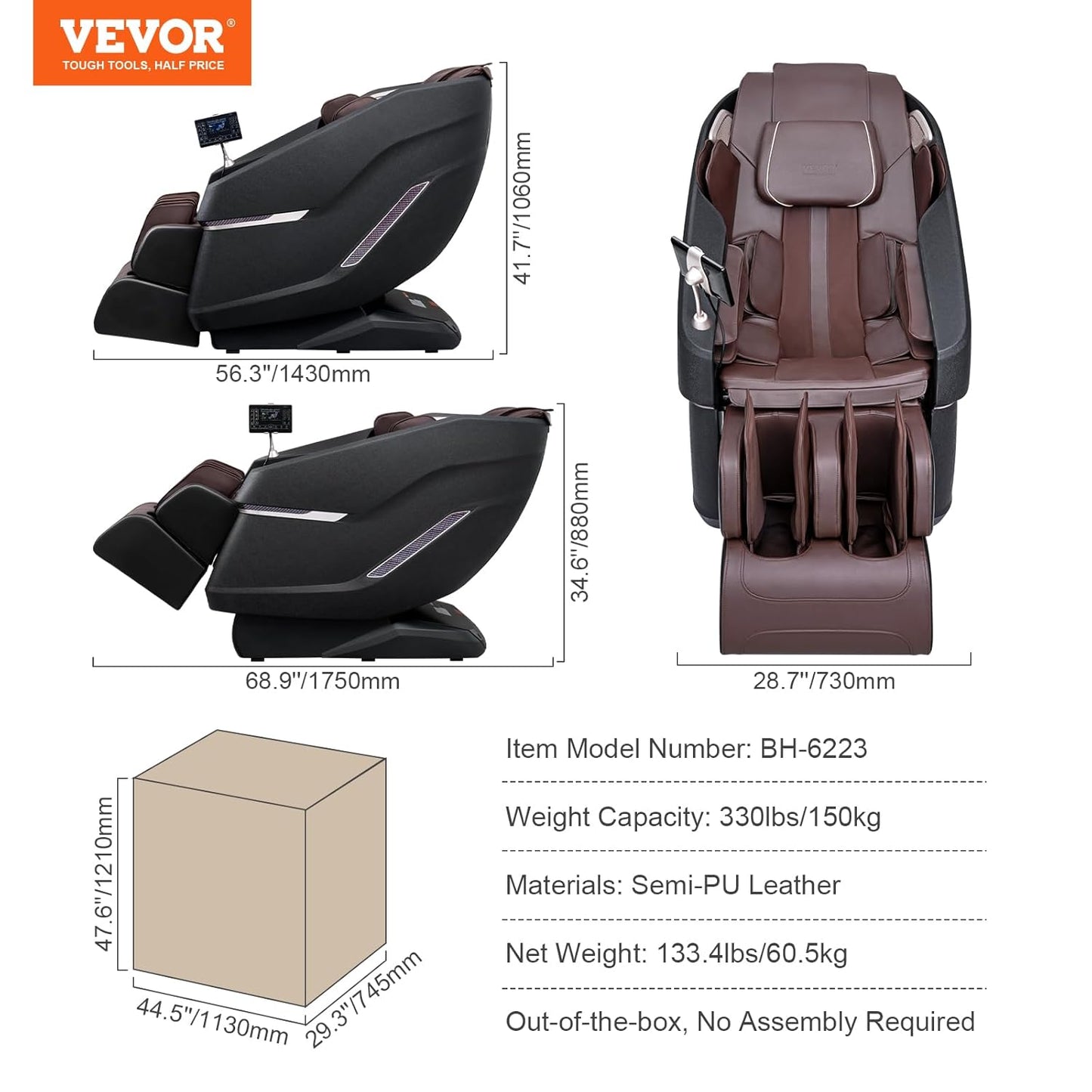 VEVOR Massagesessel mit Flexibler SL-Schiene, 3D-Ganzkörper-Shiatsu-Massagegerät, Schwerelosigkeit, 10 bis 18 Automatikmodi, Heizung, Bluetooth-Lautsprecher, Luftkissen und Touchscreen 160 kg