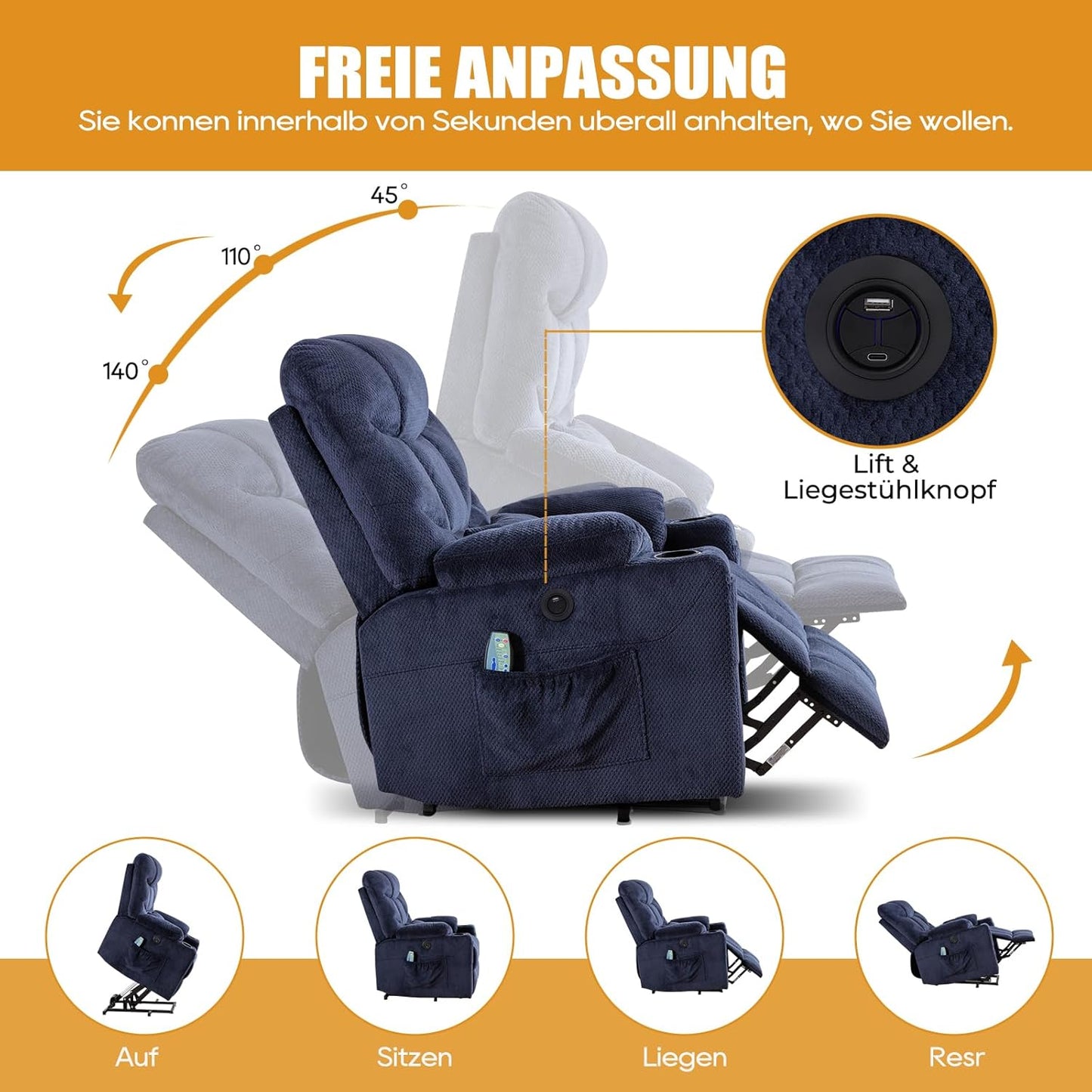 Consofa Power Lift Liegestuhl für ältere Menschen, Lift Chair mit Wärme und Massage, Power Lift Liegestuhl für Wohnzimmer mit unendlicher Position, USB-A&C, Getränkehalter, Seitentasche