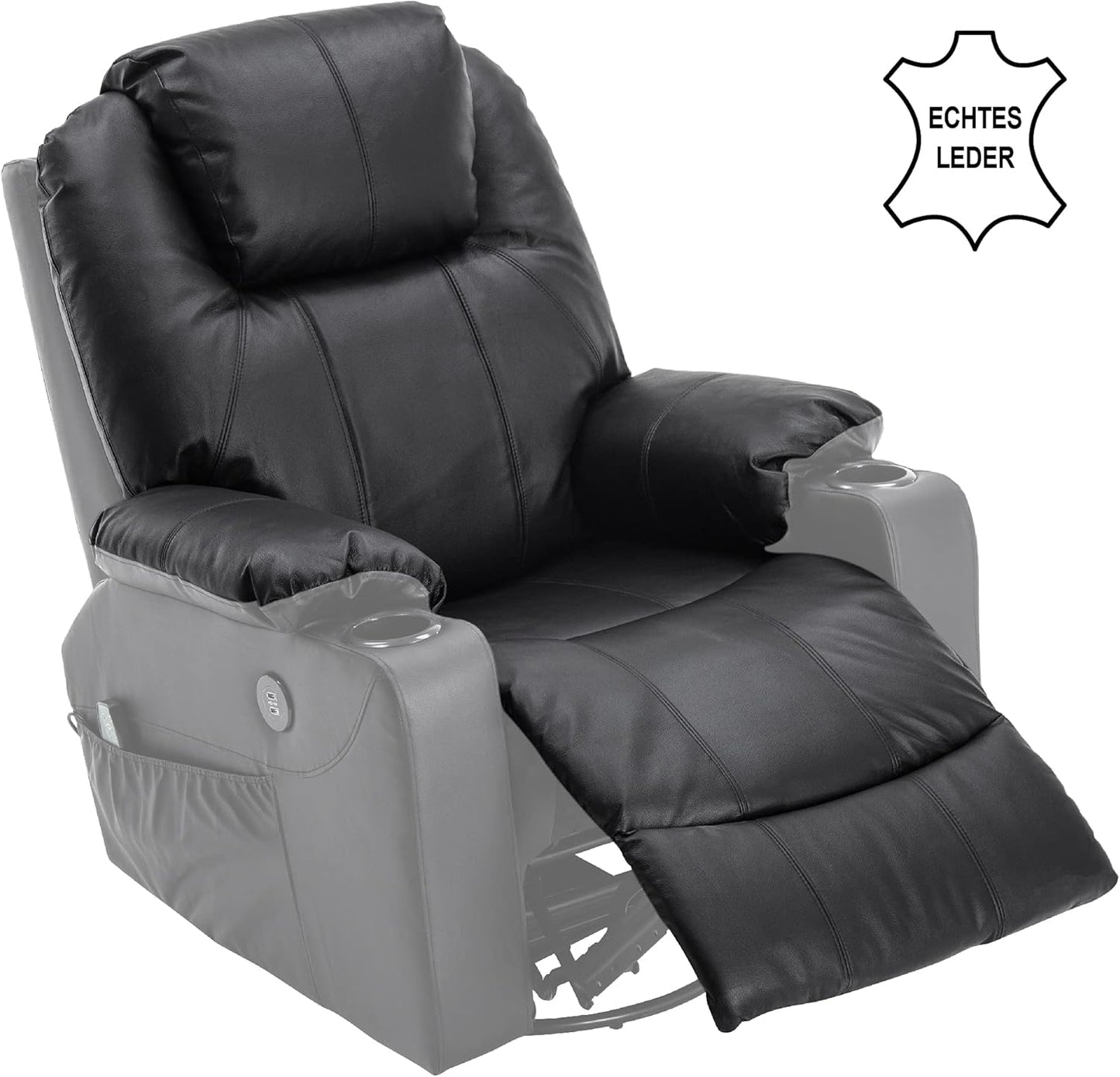 M MCombo Rindleder Fernsehsessel Relaxsessel Massage Heizung USB (manuell verstellbar) (Schwarz)