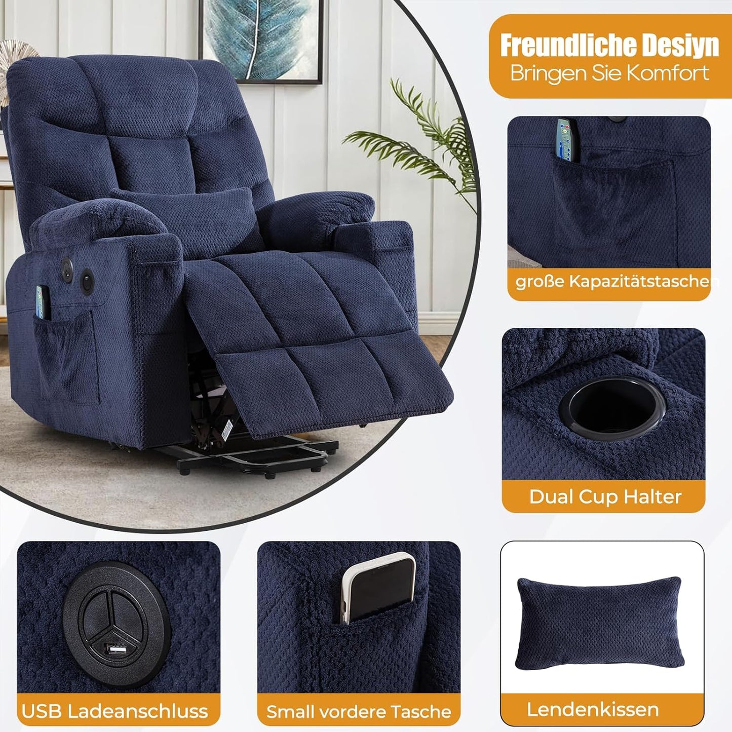 Consofa Power Lift Liegestuhl für ältere Menschen, Lift Chair mit Wärme und Massage, Power Lift Liegestuhl für Wohnzimmer mit unendlicher Position, USB-A&C, Getränkehalter, Seitentasche