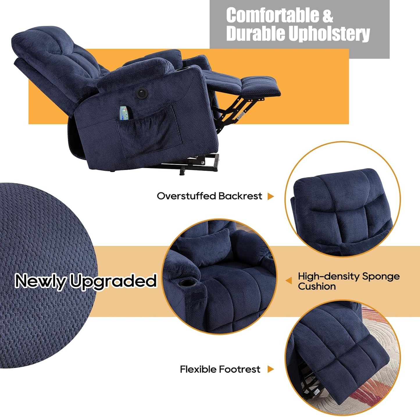 Consofa Power Lift Liegestuhl für ältere Menschen, Lift Chair mit Wärme und Massage, Power Lift Liegestuhl für Wohnzimmer mit unendlicher Position, USB-A&C, Getränkehalter, Seitentasche