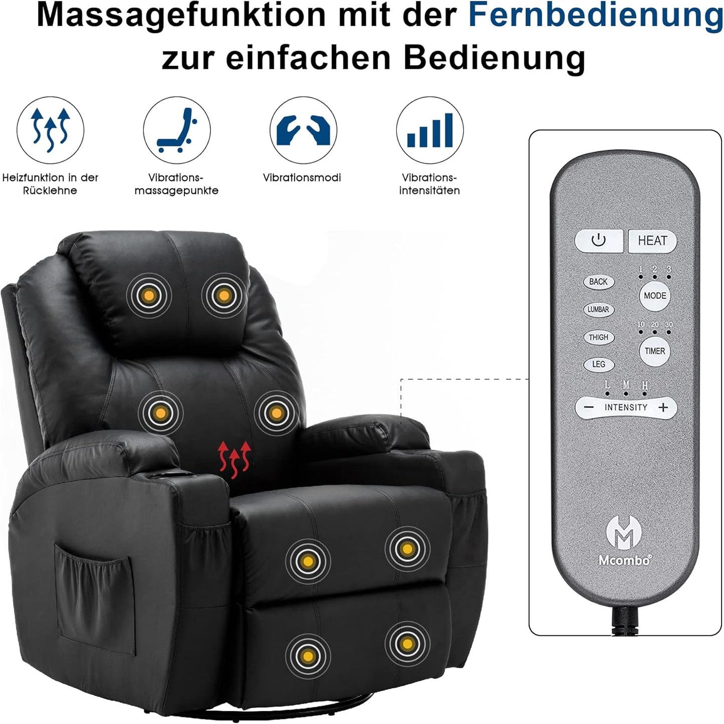M MCombo Massagesessel Fernsehsessel Relaxsessel 7020, mit Heizung, Dreh 360° Schaukel, manuell verstellbar (Schwarz-Kunstleder)