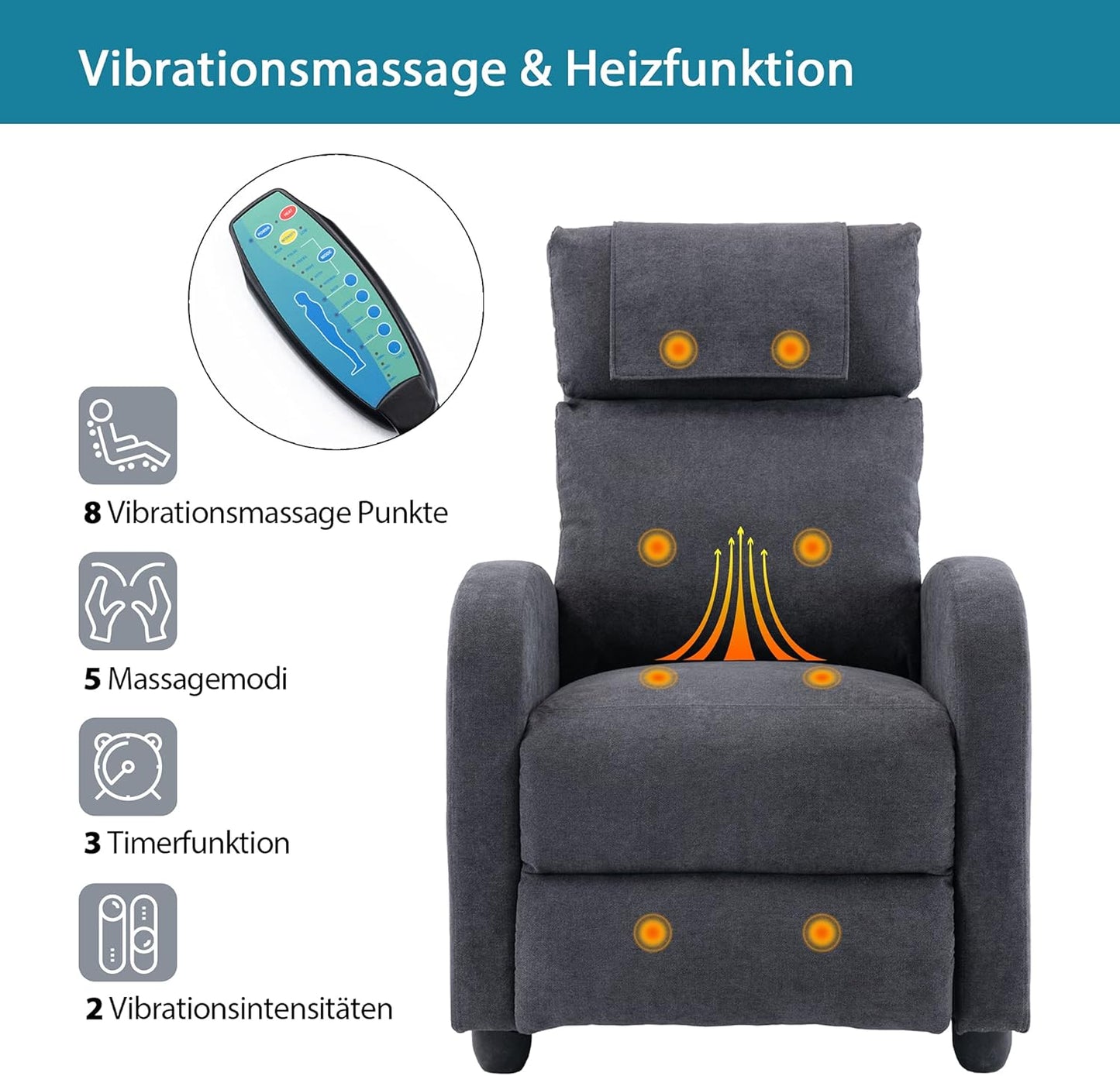HOMOPIV Relaxsessel, Fernsehsessel mit Liegefunktion Massagefunktion Wärmefunktion, Massagesessel mit Fernbedienung, Ruhesessel Stoff, Liegesessel grau