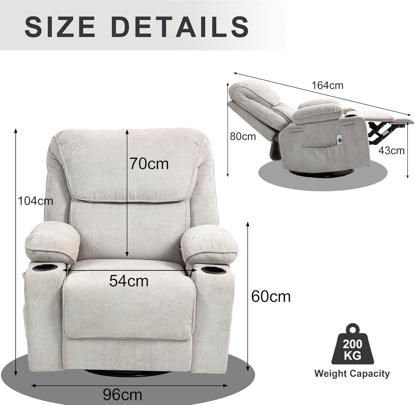 BRTHORY Relaxsessel mit Massagefunktion Fernsehsessel Liegefunktion Vibration Heizung, Dicke Rückenlehne und Armlehnen, Massagesessel mit Wippfunktion, 360°drehbar, Beige