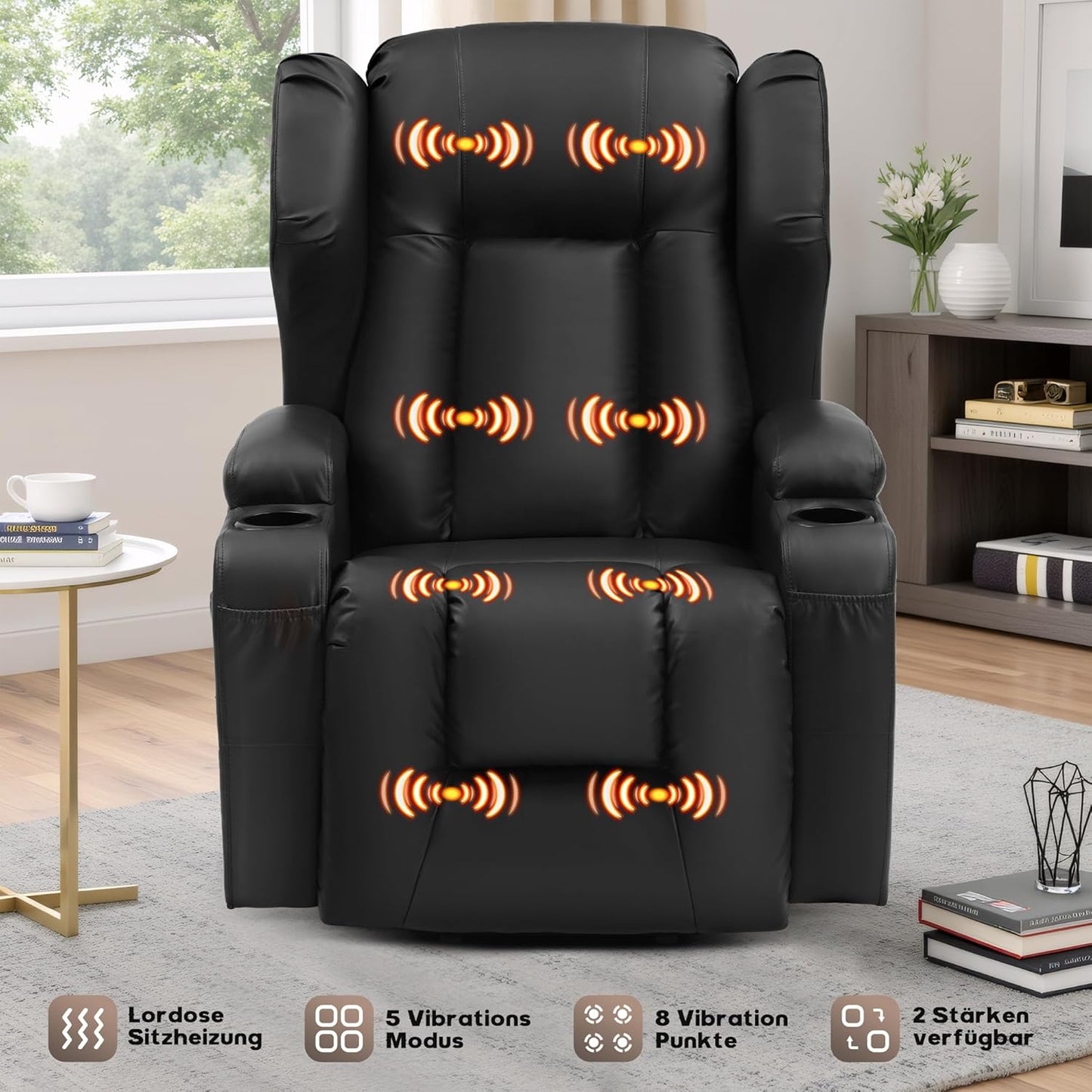 LIFTSHA Fernsehsessel mit Aufstehhilfe Elektrisch, Relaxsessel mit Liegefunktion, Massagesessel mit Massage Wärmefunktion Seniorensessel für Senioren, 2 Seitentaschen und Getränkehalters (Schwarz)