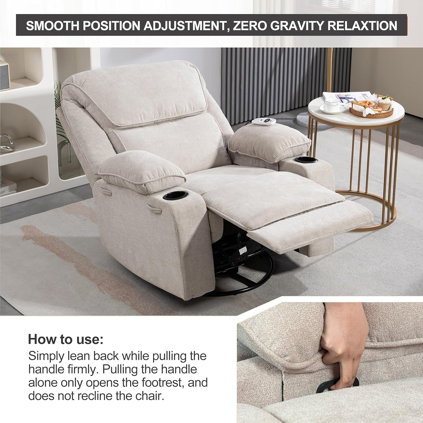 BRTHORY Relaxsessel mit Massagefunktion Fernsehsessel Liegefunktion Vibration Heizung, Dicke Rückenlehne und Armlehnen, Massagesessel mit Wippfunktion, 360°drehbar, Beige