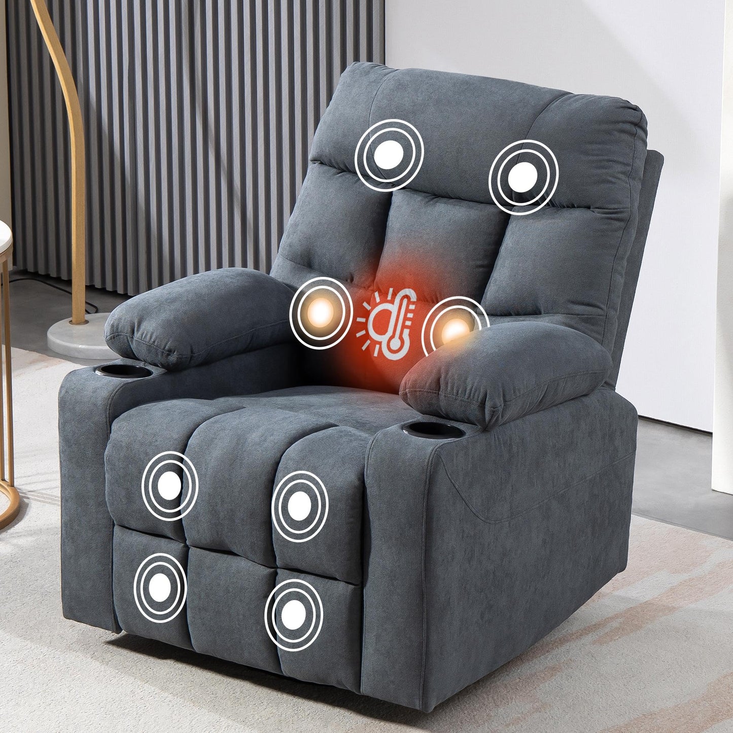 BRTHORY Relaxsessel mit Massagefunktion Fernsehsessel Liegefunktion Vibration Heizung, Dicke Rückenlehne und Armlehnen, Massagesessel mit Wippfunktion, 360°drehbar, Beige