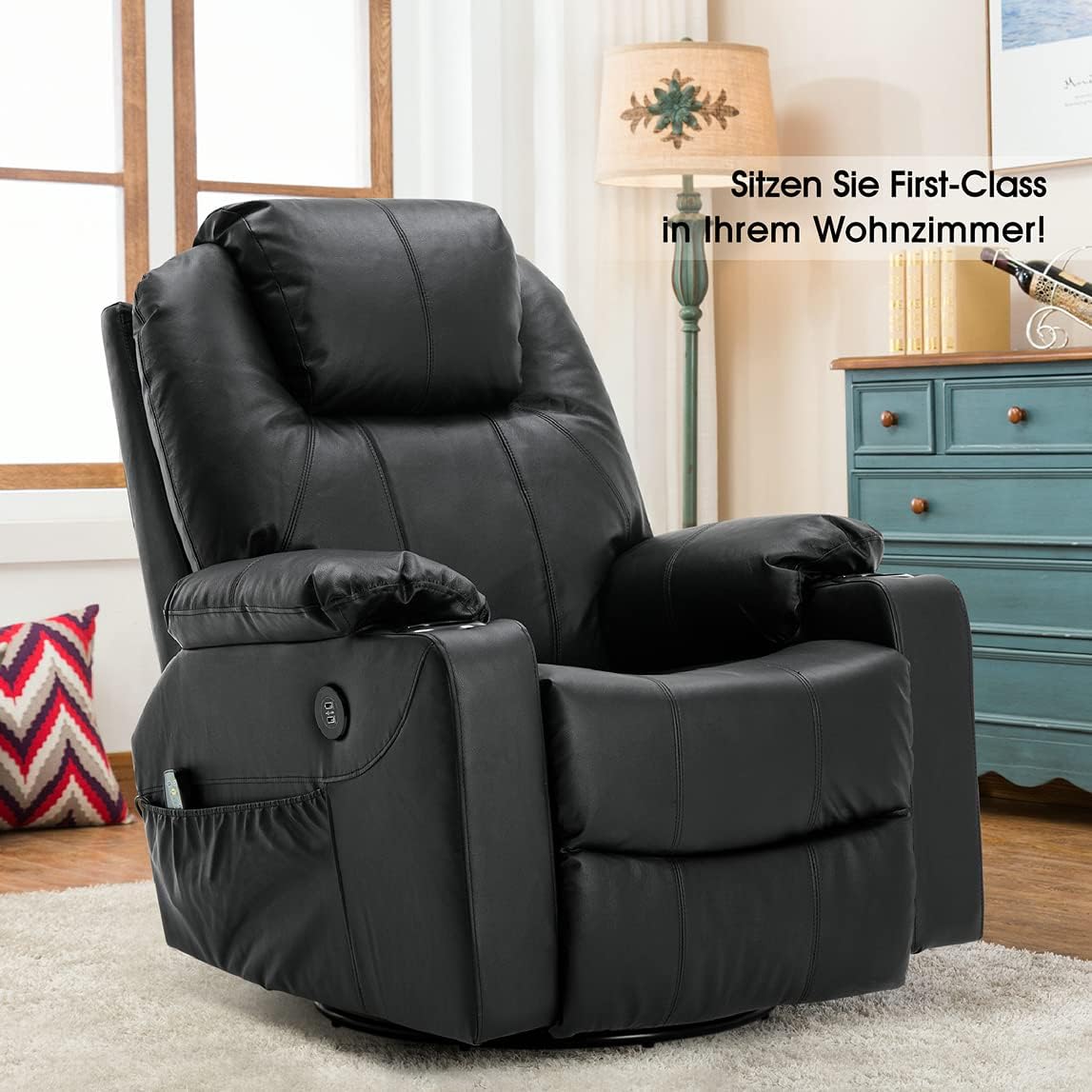 M MCombo Rindleder Fernsehsessel Relaxsessel Massage Heizung USB (manuell verstellbar) (Schwarz)