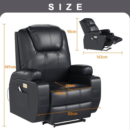Devoko Elektrisch Relaxsessel Massagesessel Fernsehsessel Liegefunktion Vibration mit Fußteil, 2 Seitentaschen Getränkehalter, USB-Anschlüsse, TV Sessel für Wohnzimmer (Schwarz-Kunstleder)