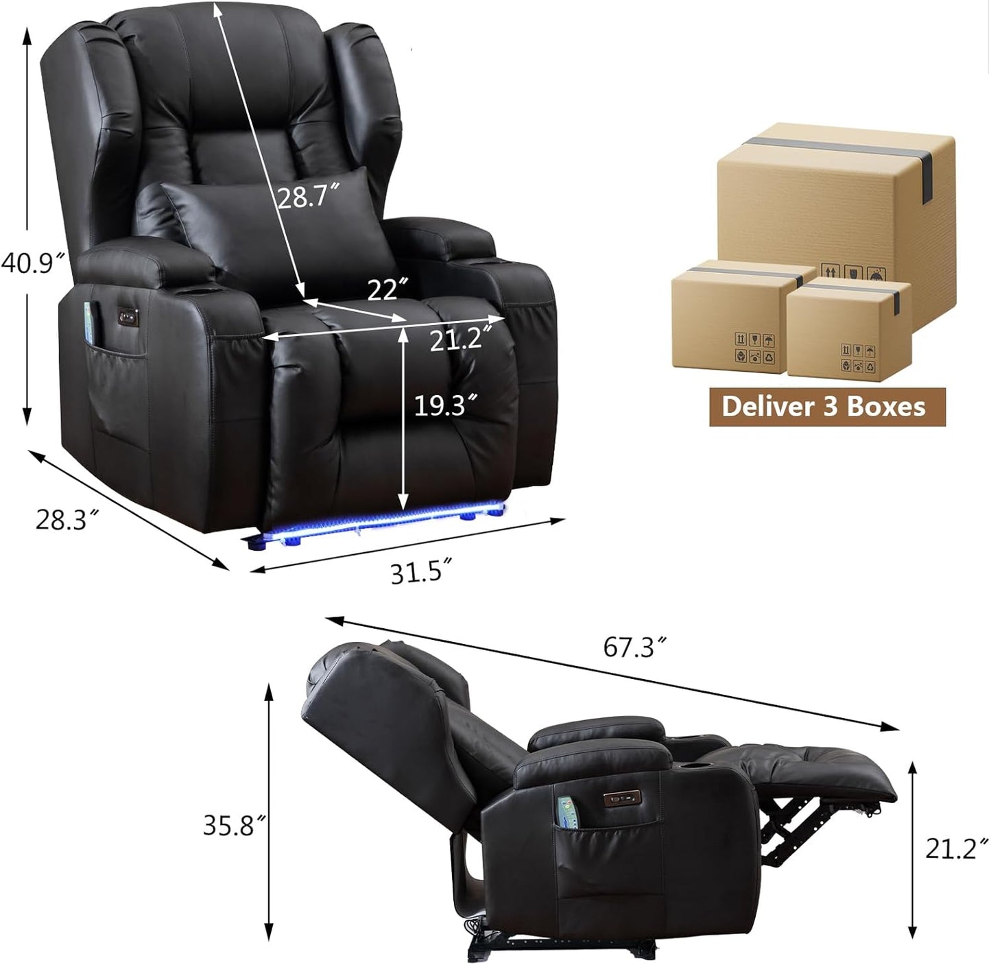 Oprisen Kunstleder Elektrisch Verstellbar Relaxsessel Kinosessel Fernsehsessel mit Liegefunktion Massage und Wärme TV Sessel Modern Liegesessel Sofa für Wohnzimmer,bis 150 kg, Schwarz