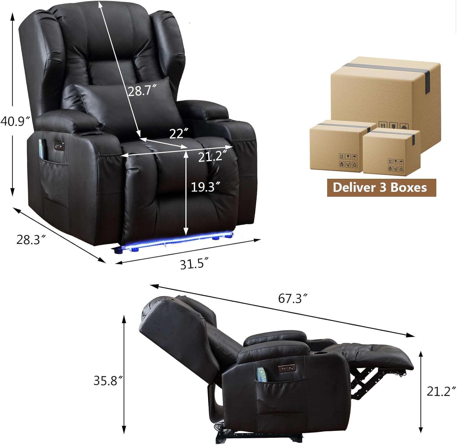 Oprisen Kunstleder Elektrisch Verstellbar Relaxsessel Kinosessel Fernsehsessel mit Liegefunktion Massage und Wärme TV Sessel Modern Liegesessel Sofa für Wohnzimmer,bis 150 kg, Schwarz