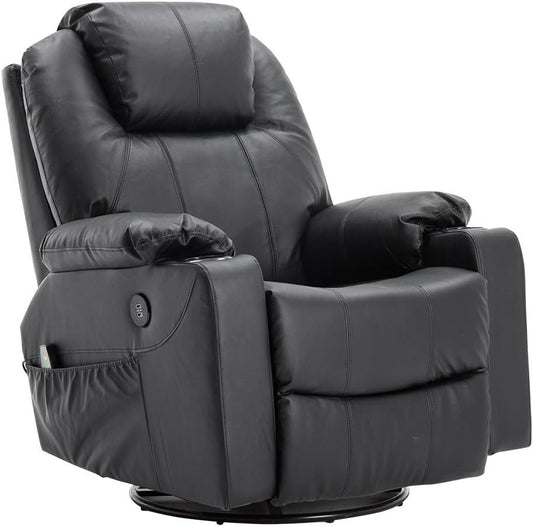 M MCombo Rindleder Fernsehsessel Relaxsessel Massage Heizung USB (manuell verstellbar) (Schwarz)