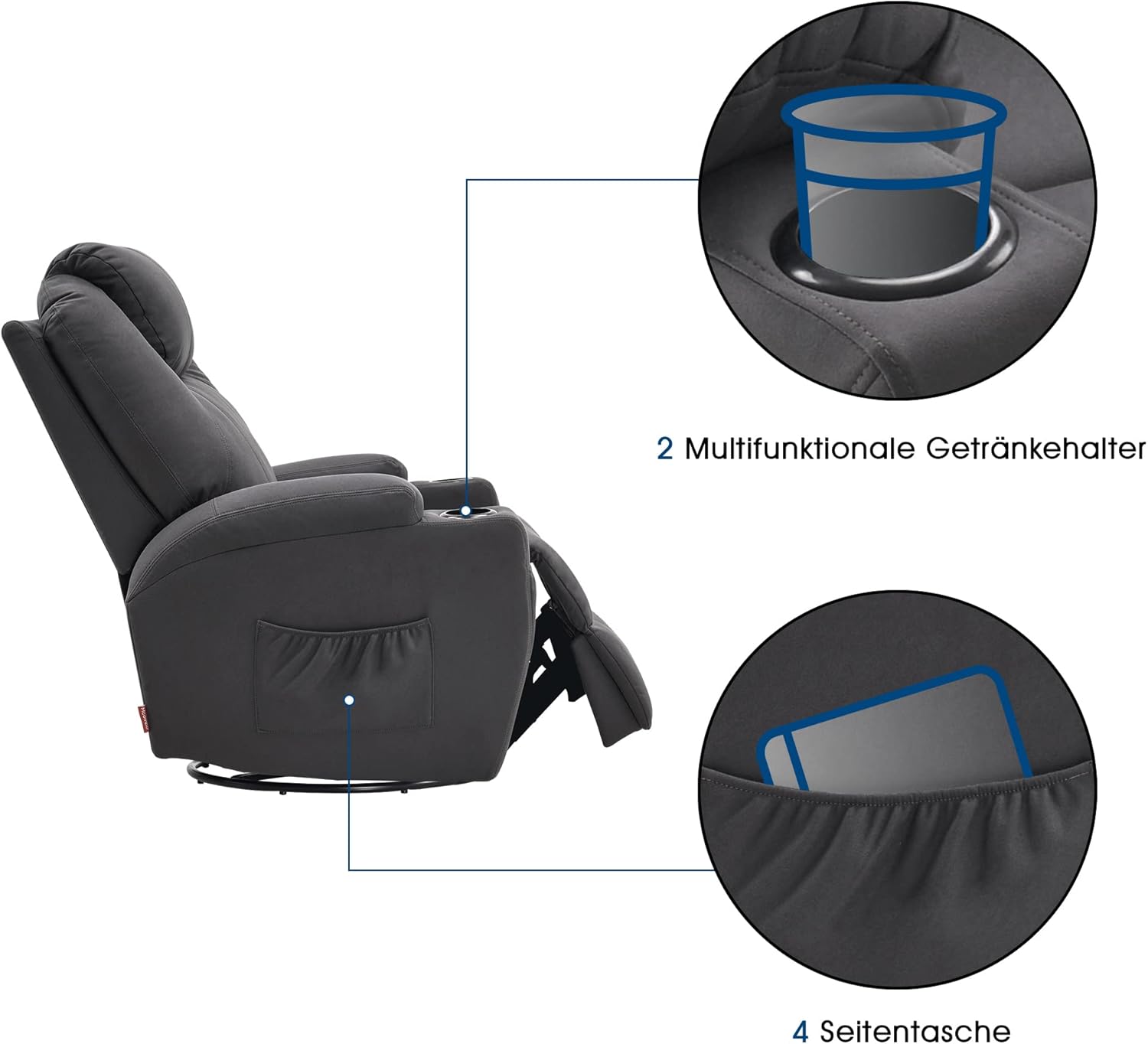 M MCombo Massagesessel Fernsehsessel Relaxsessel 7020, mit Heizung, Dreh 360° Schaukel, manuell verstellbar (Dunkelgrau- Mikrofaser)