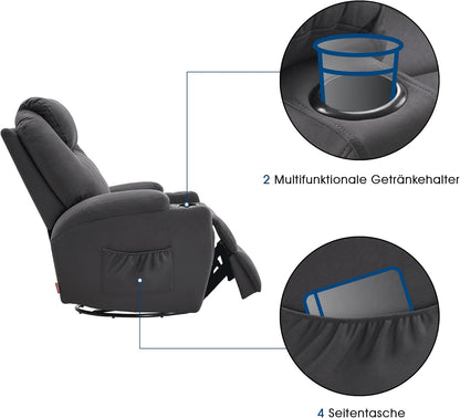 M MCombo Massagesessel Fernsehsessel Relaxsessel 7020, mit Heizung, Dreh 360° Schaukel, manuell verstellbar (Dunkelgrau- Mikrofaser)