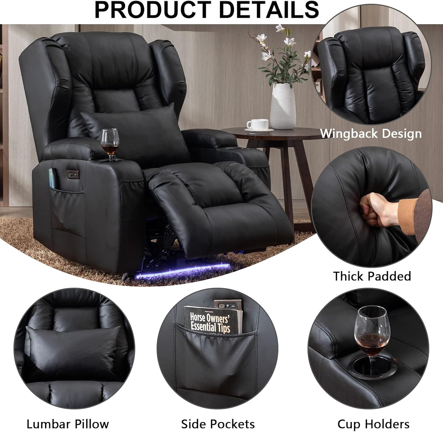 Oprisen Kunstleder Elektrisch Verstellbar Relaxsessel Kinosessel Fernsehsessel mit Liegefunktion Massage und Wärme TV Sessel Modern Liegesessel Sofa für Wohnzimmer,bis 150 kg, Schwarz