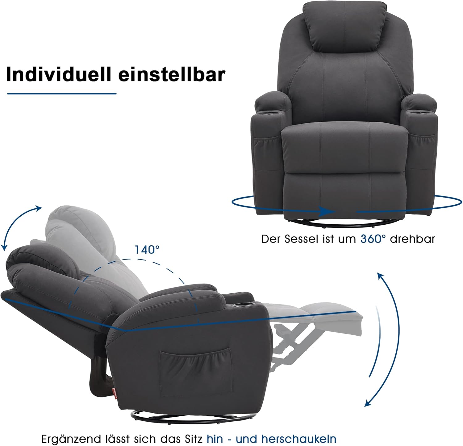 M MCombo Massagesessel Fernsehsessel Relaxsessel 7020, mit Heizung, Dreh 360° Schaukel, manuell verstellbar (Dunkelgrau- Mikrofaser)