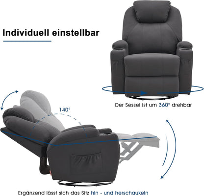 M MCombo Massagesessel Fernsehsessel Relaxsessel 7020, mit Heizung, Dreh 360° Schaukel, manuell verstellbar (Dunkelgrau- Mikrofaser)