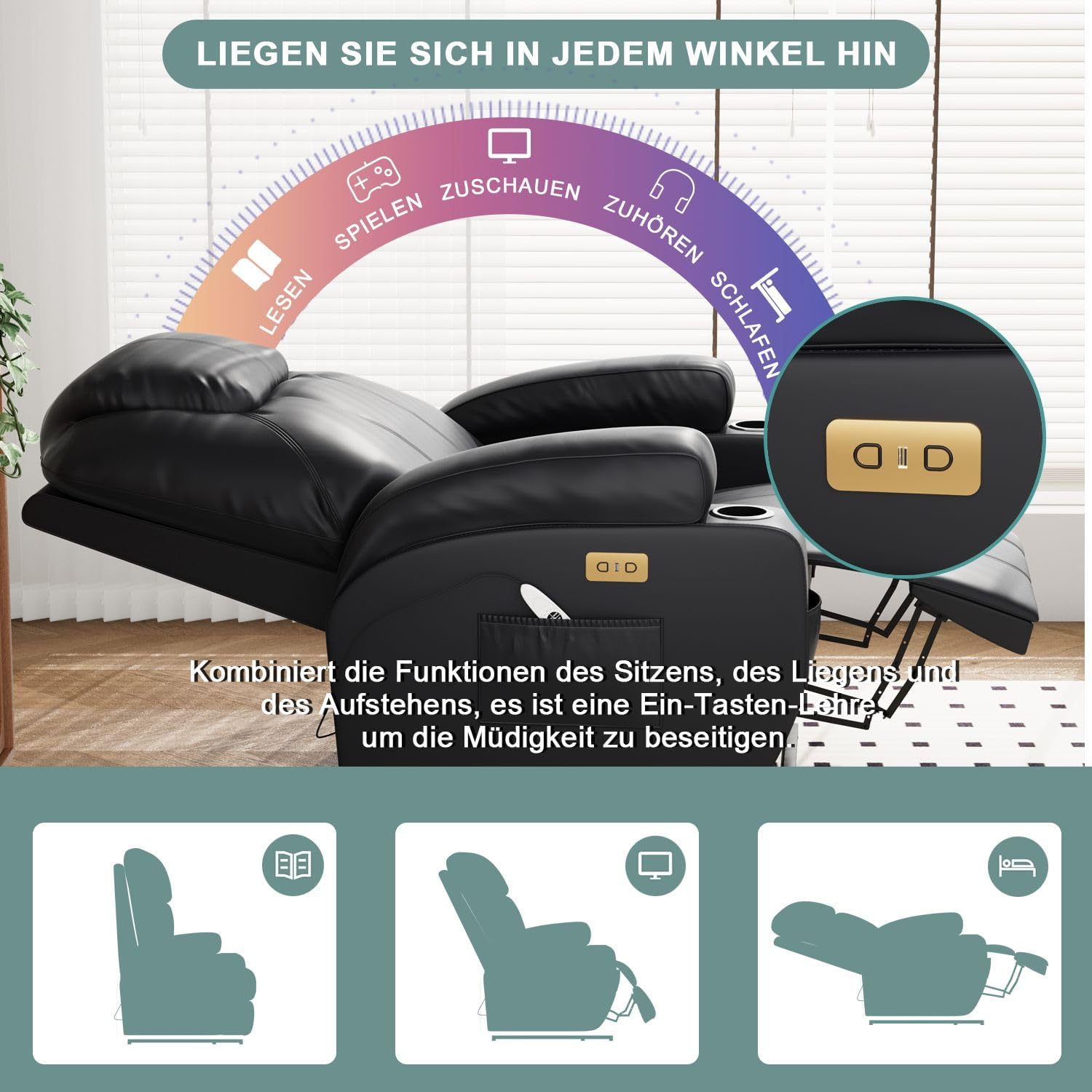 Devoko Elektrisch Relaxsessel Massagesessel Fernsehsessel Liegefunktion Vibration mit Fußteil, 2 Seitentaschen Getränkehalter, USB-Anschlüsse, TV Sessel für Wohnzimmer (Schwarz-Kunstleder)