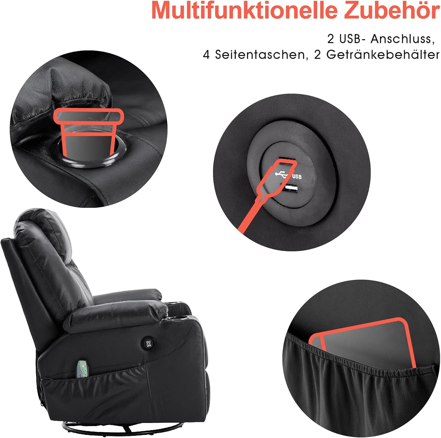 M MCombo Rindleder Fernsehsessel Relaxsessel Massage Heizung USB (manuell verstellbar) (Schwarz)