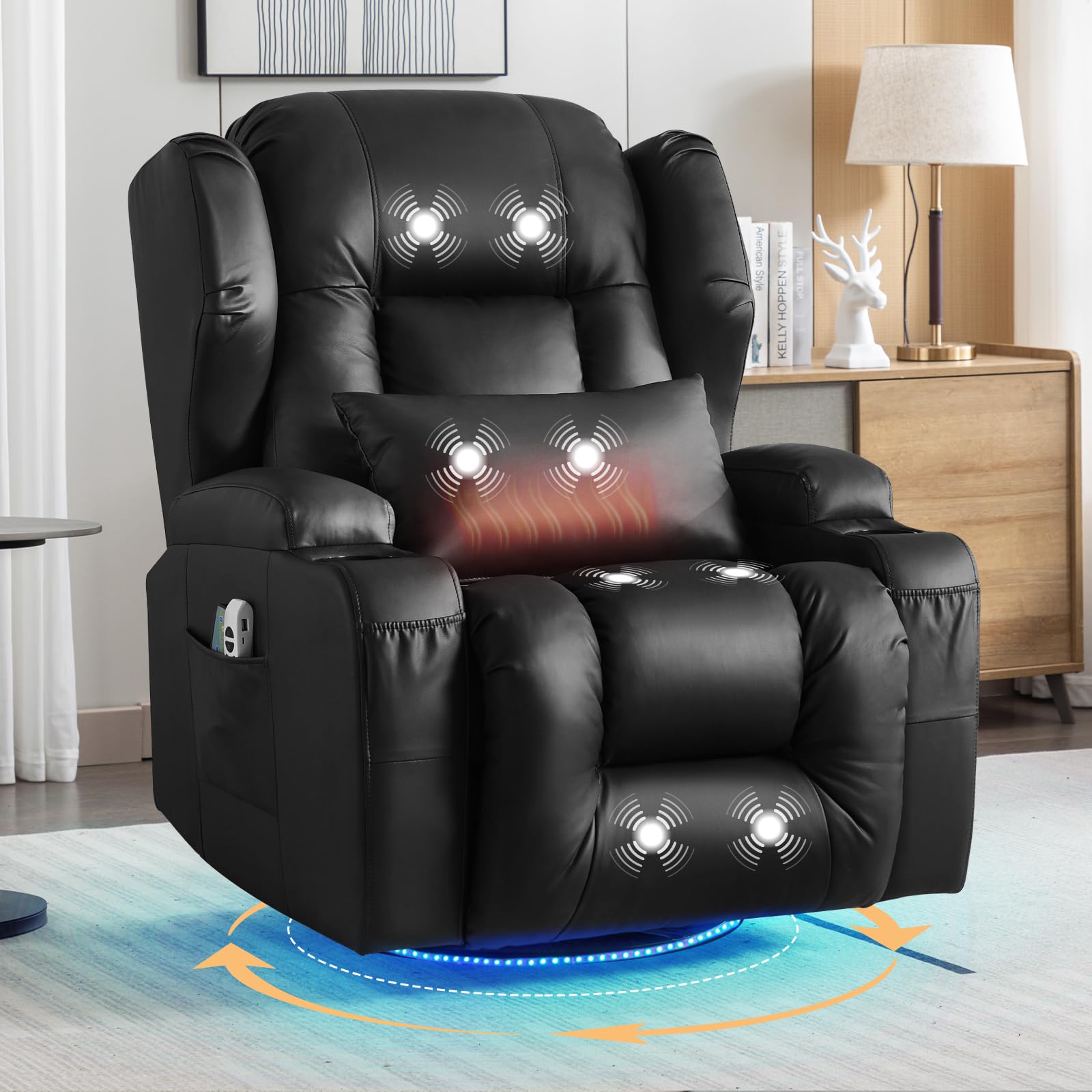 SAMERY Relaxsessel Elektrisch mit Massage & Heizung, Samt Fernsehsessel mit Liegefunktion, 270° Drehbar & 30° Wippbar, USB/LED/Typ-C – Kinosessel TV Sessel Sofa Chair für Wohnzimmer (1, Rotbraun) 7038