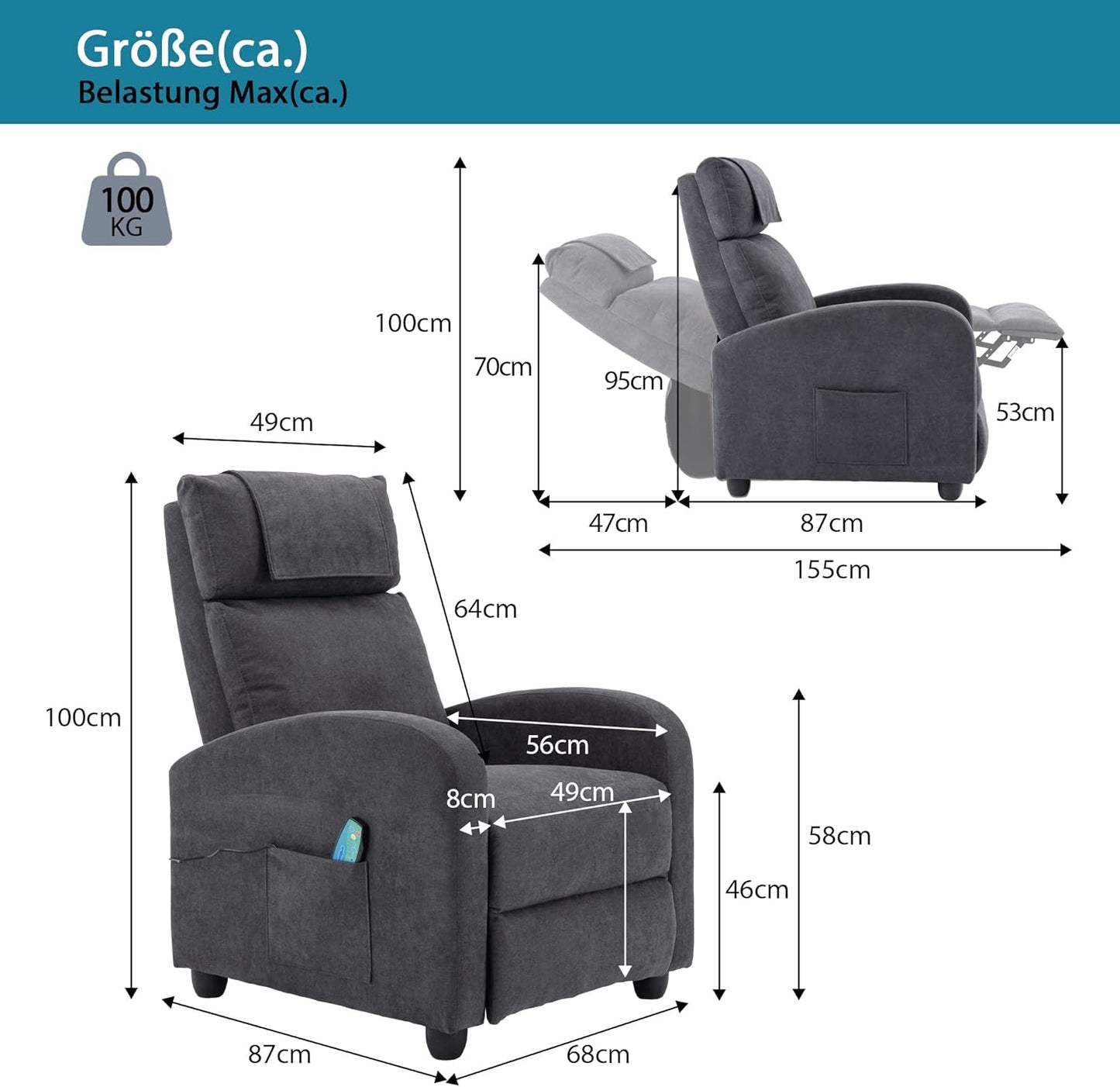 HOMOPIV Relaxsessel, Fernsehsessel mit Liegefunktion Massagefunktion Wärmefunktion, Massagesessel mit Fernbedienung, Ruhesessel Stoff, Liegesessel grau