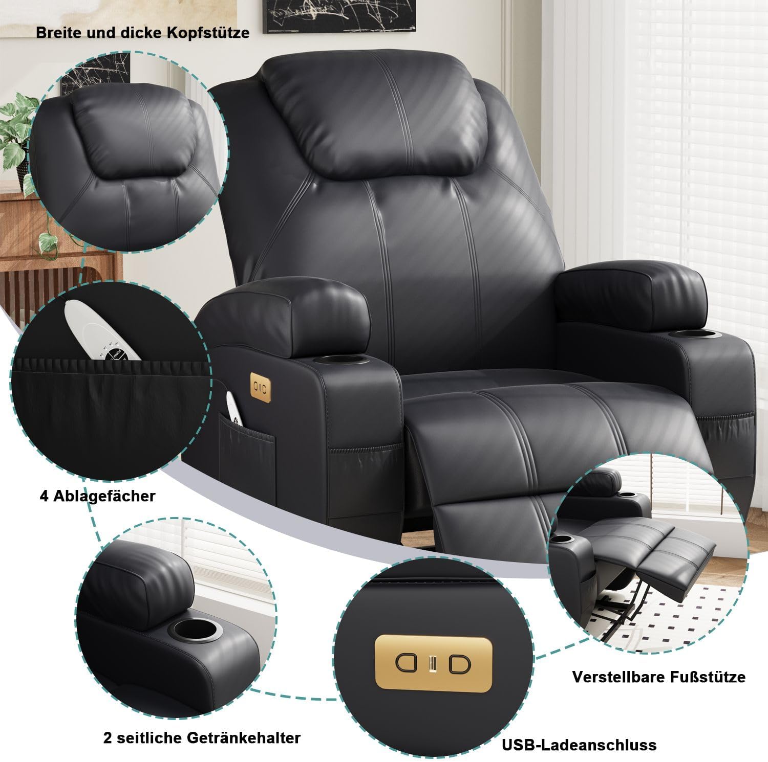 Devoko Elektrisch Relaxsessel Massagesessel Fernsehsessel Liegefunktion Vibration mit Fußteil, 2 Seitentaschen Getränkehalter, USB-Anschlüsse, TV Sessel für Wohnzimmer (Schwarz-Kunstleder)