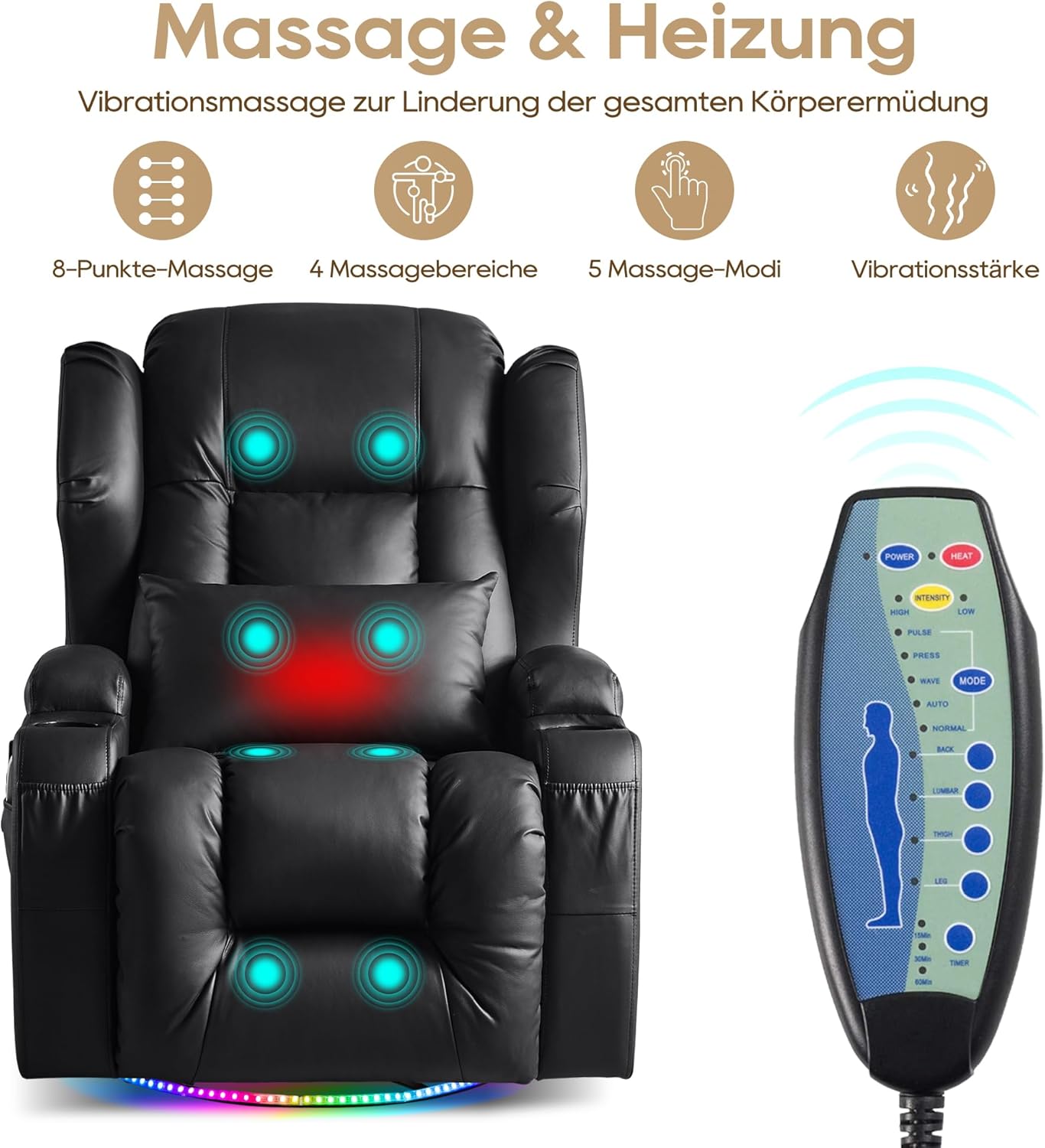 Oprisen Elektrisch Verstellbar Relaxsessel Kinosessel Fernsehsessel mit Liegefunktion Massage und Wärme TV Sessel Drehbar Liegesessel Sofa mit USB/LED/TYP C für Wohnzimmer,bis 150 kg (Schwarz)