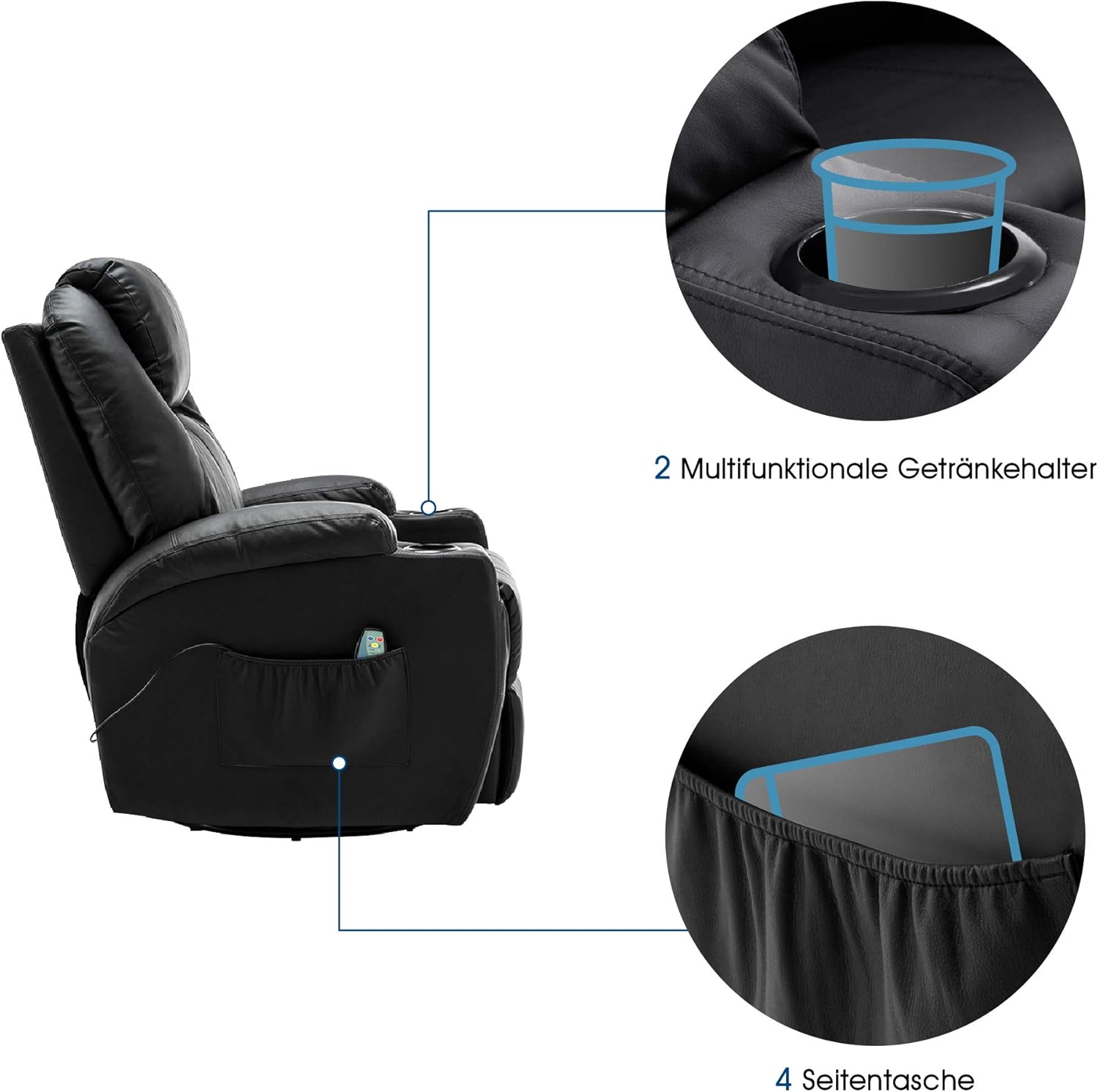 M MCombo Massagesessel Fernsehsessel Relaxsessel 7020, mit Heizung, Dreh 360° Schaukel, manuell verstellbar (Schwarz-Kunstleder)
