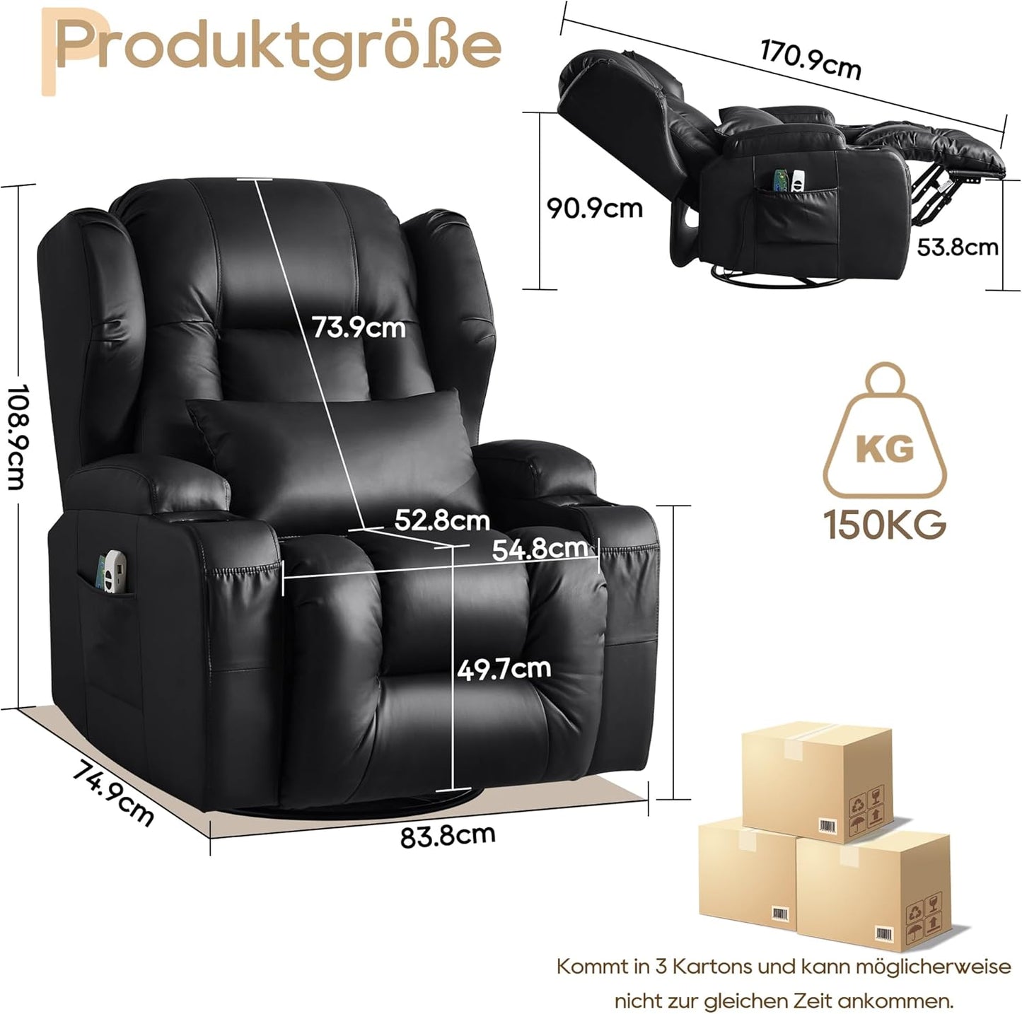 Oprisen Elektrisch Verstellbar Relaxsessel Kinosessel Fernsehsessel mit Liegefunktion Massage und Wärme TV Sessel Drehbar Liegesessel Sofa mit USB/LED/TYP C für Wohnzimmer,bis 150 kg (Schwarz)