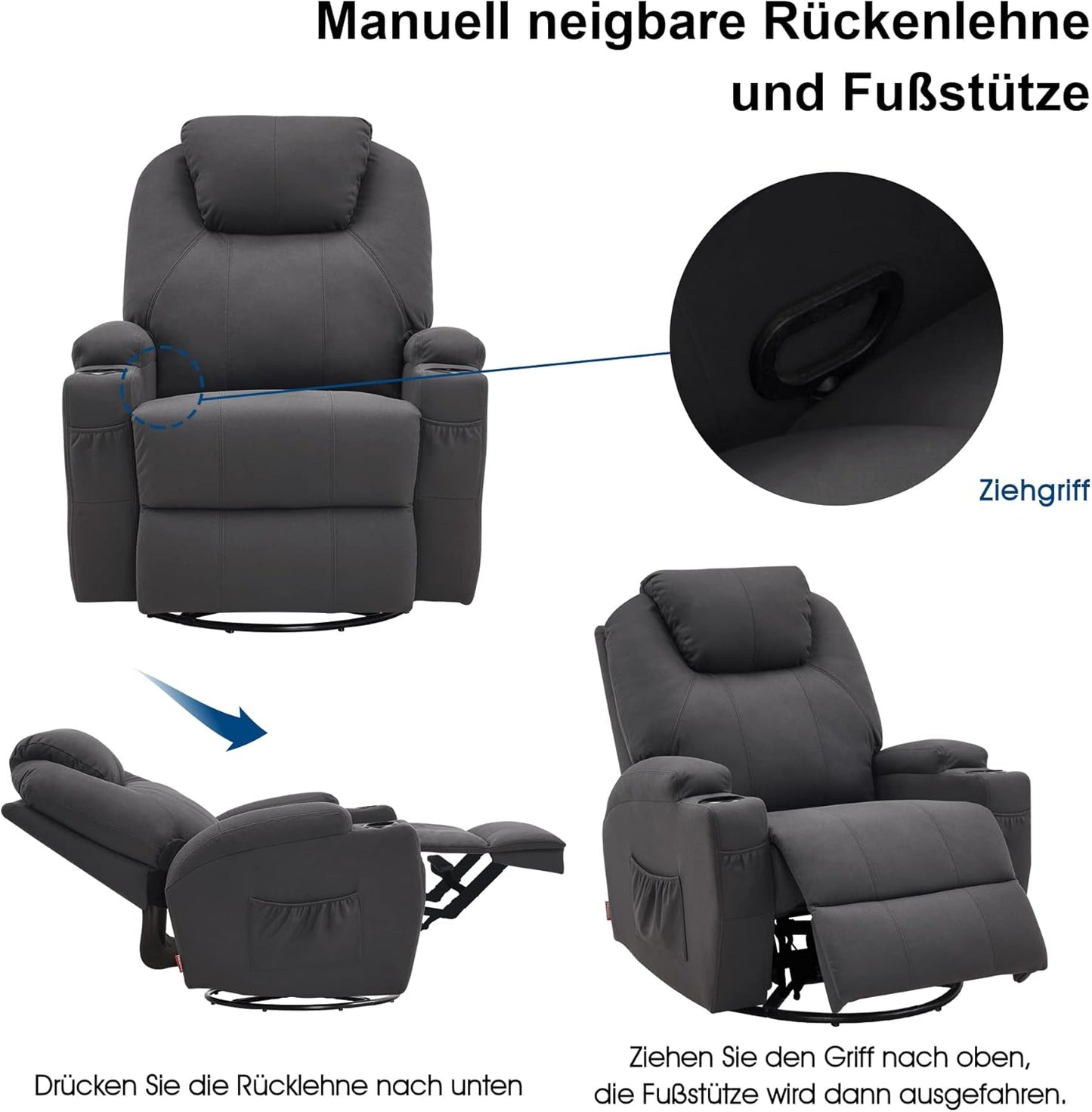 M MCombo Massagesessel Fernsehsessel Relaxsessel 7020, mit Heizung, Dreh 360° Schaukel, manuell verstellbar (Dunkelgrau- Mikrofaser)