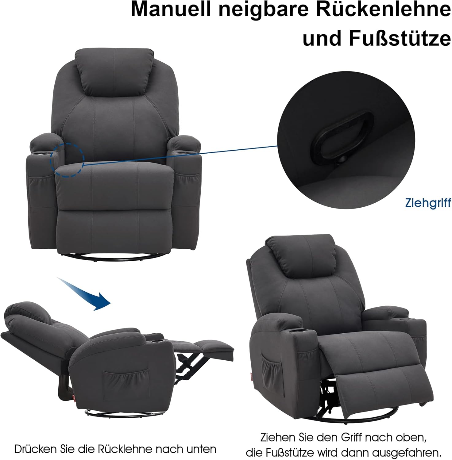 M MCombo Massagesessel Fernsehsessel Relaxsessel 7020, mit Heizung, Dreh 360° Schaukel, manuell verstellbar (Dunkelgrau- Mikrofaser)